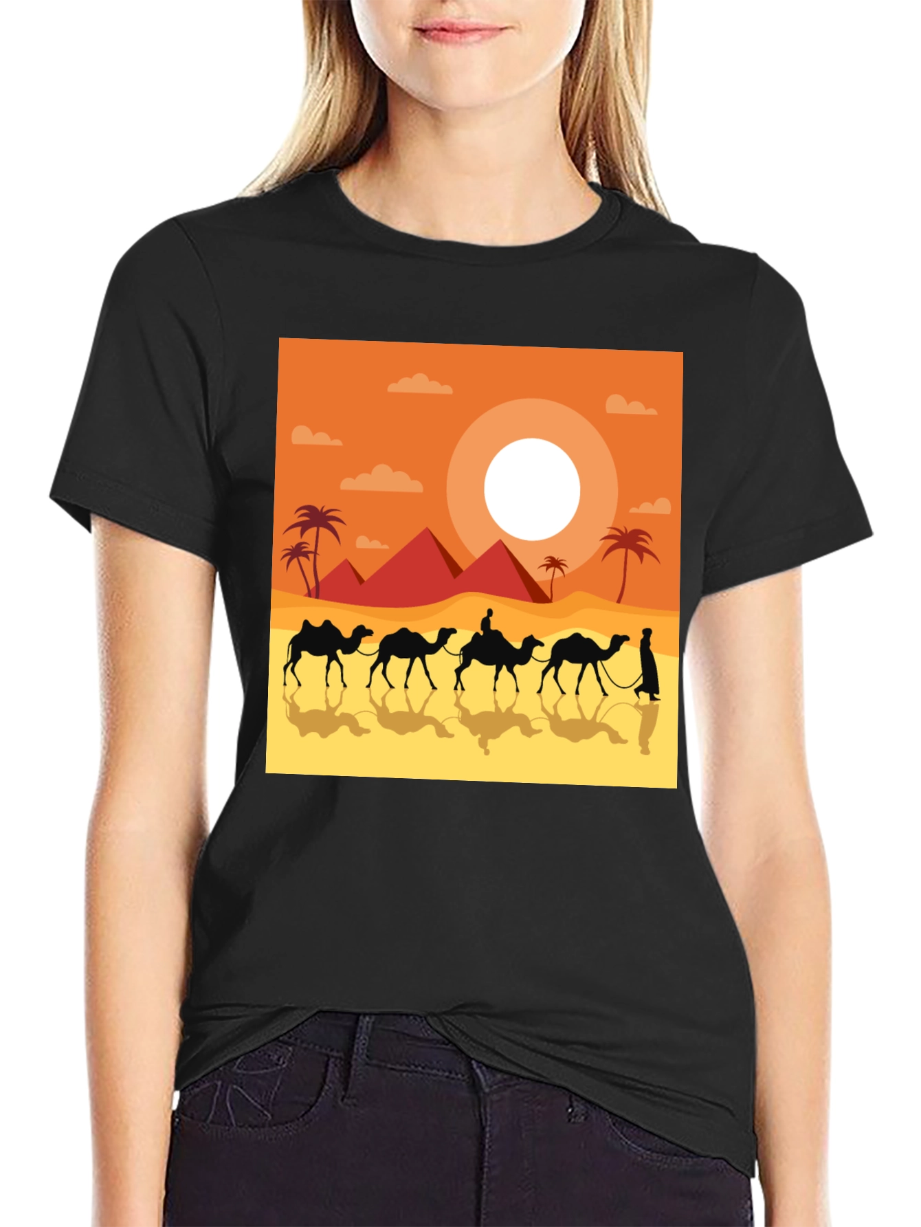 Desert Caravan Graphic Tee - Egyptian Pyramid Scene
