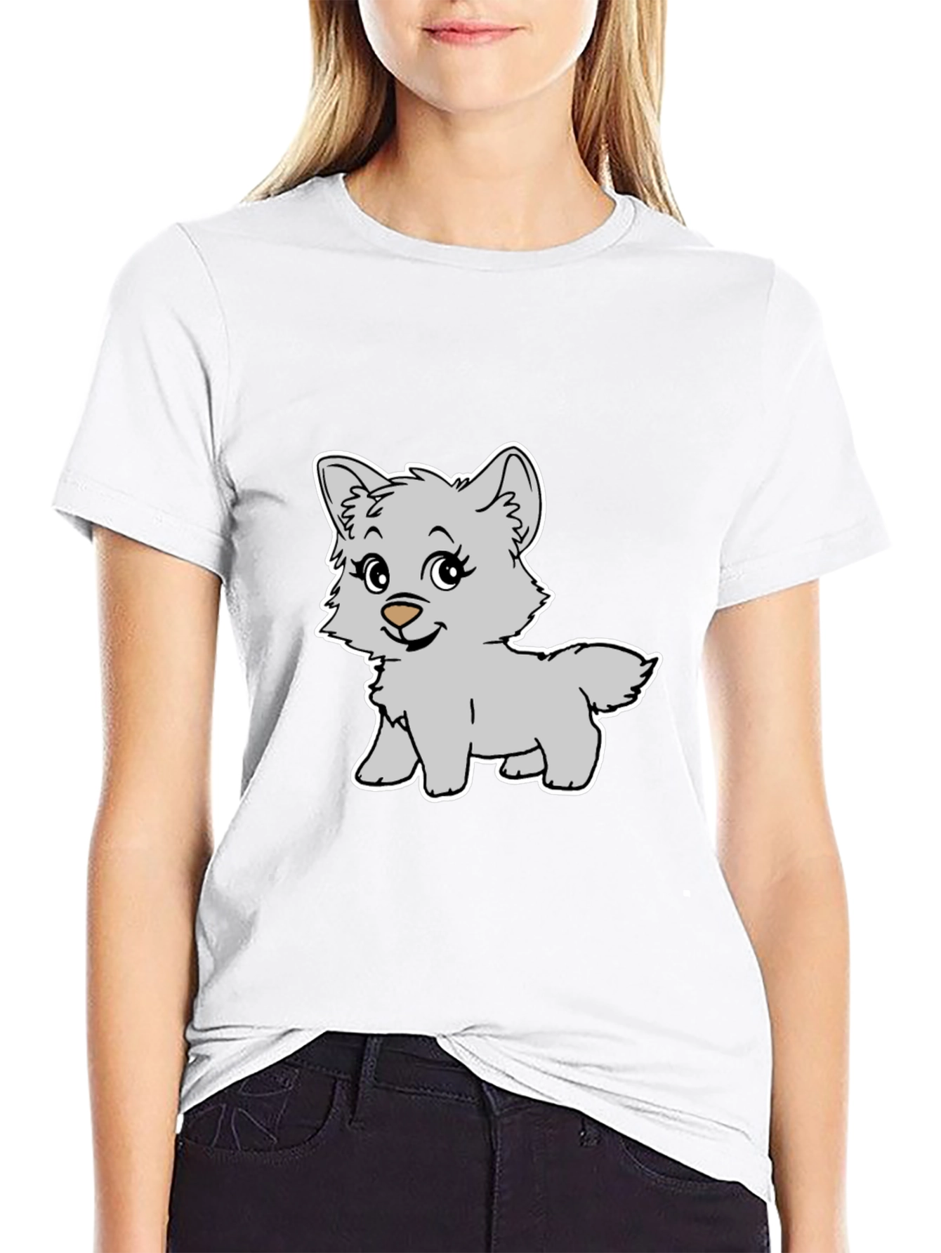 Cute Cartoon Wolf Graphic Black T-Shirt