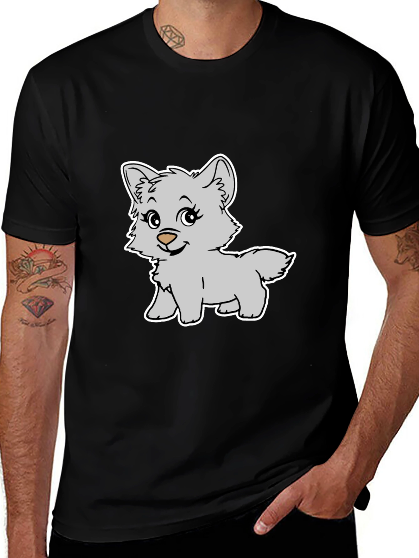 Cute Cartoon Wolf Graphic Black T-Shirt