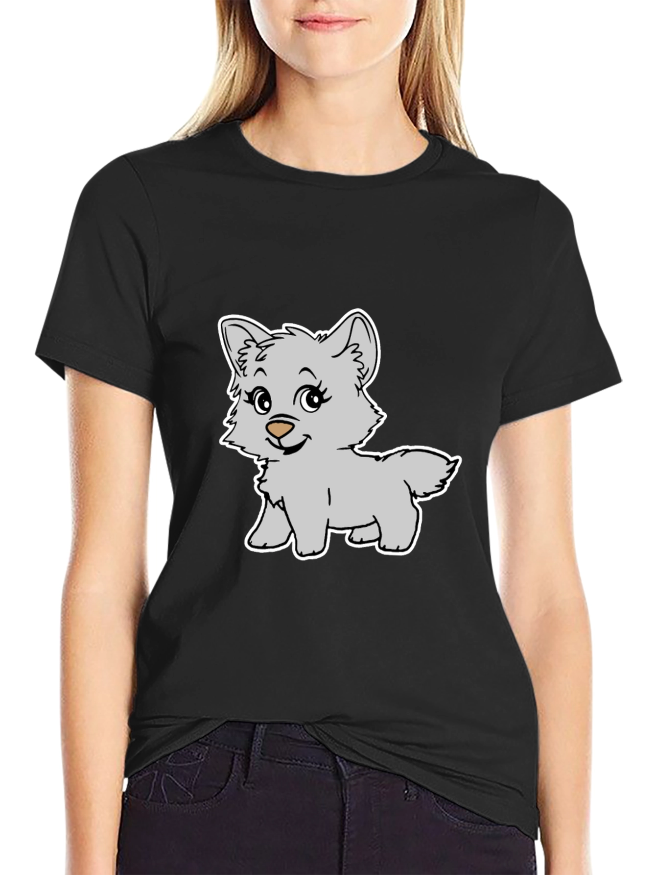 Cute Cartoon Wolf Graphic Black T-Shirt
