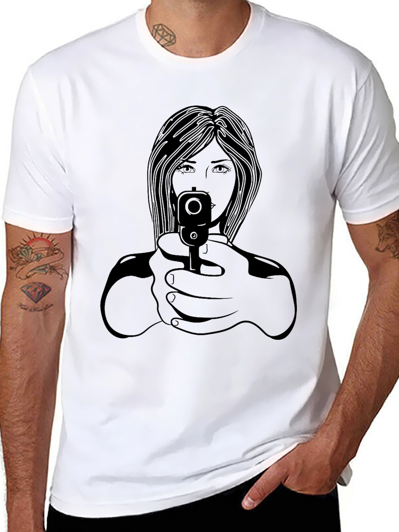 Black Graphic Tee - Woman with Gun Design