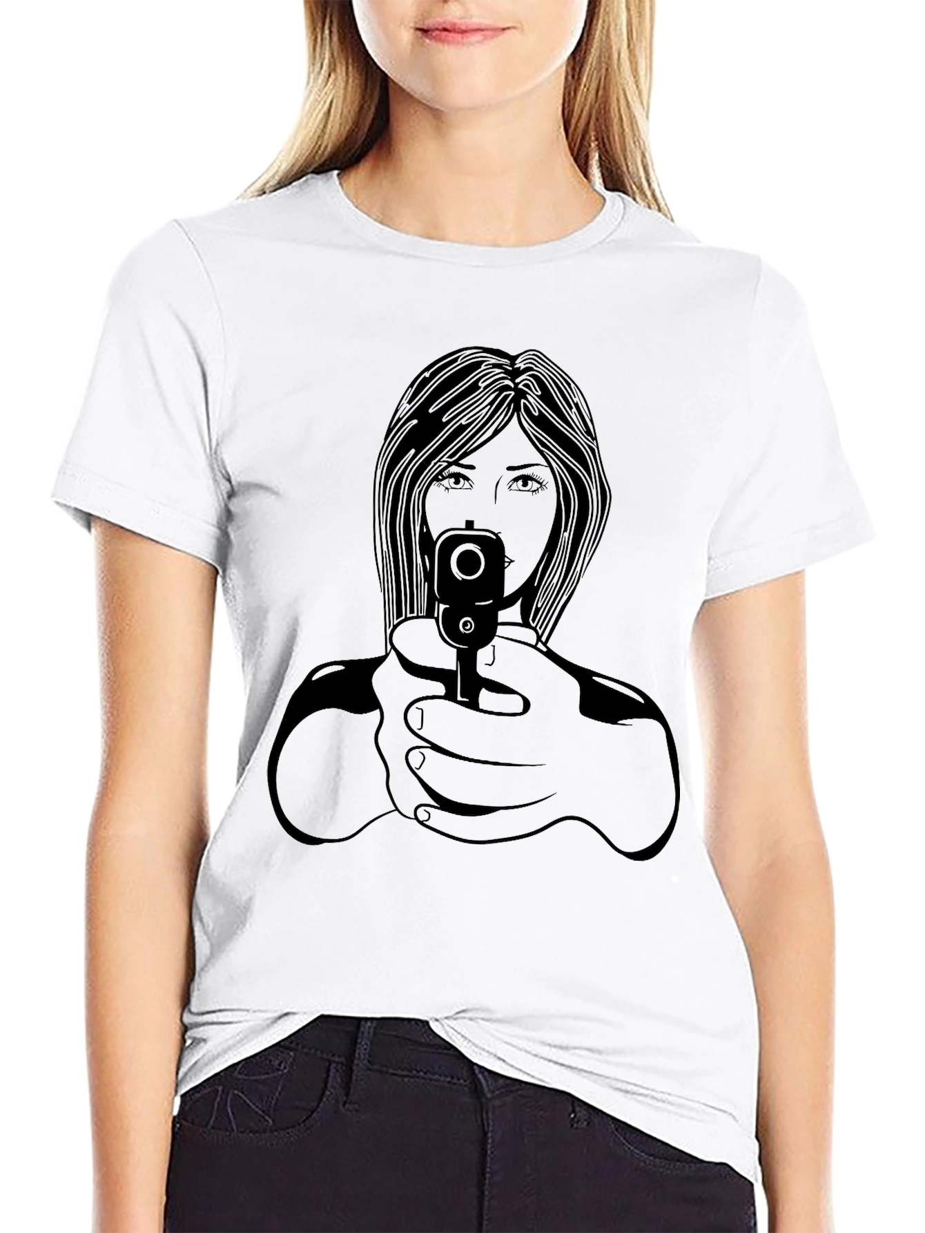 Black Graphic Tee - Woman with Gun Design