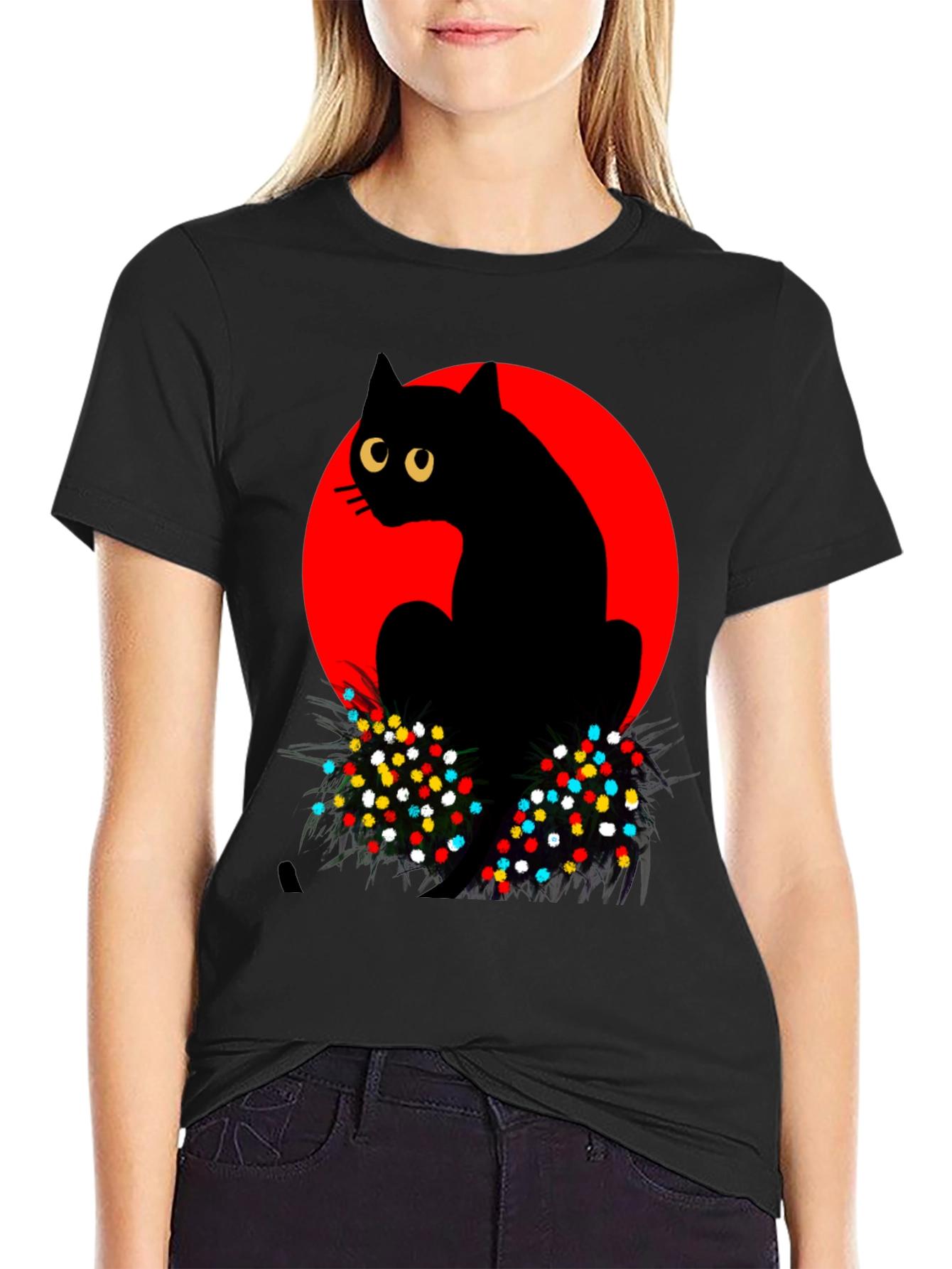 Cool Black Cat with Red Moon Graphic T-Shirt