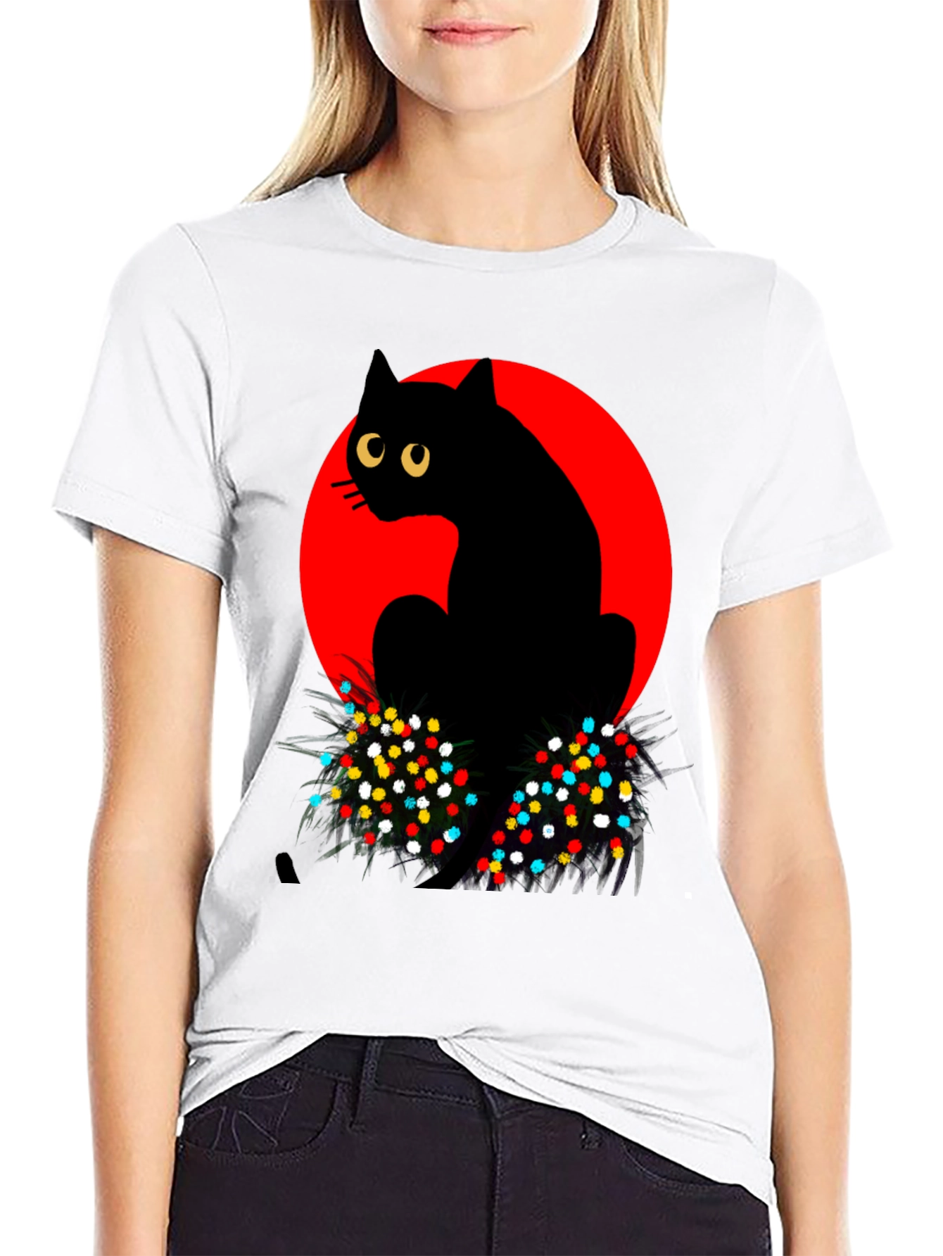 Cool Black Cat with Red Moon Graphic T-Shirt