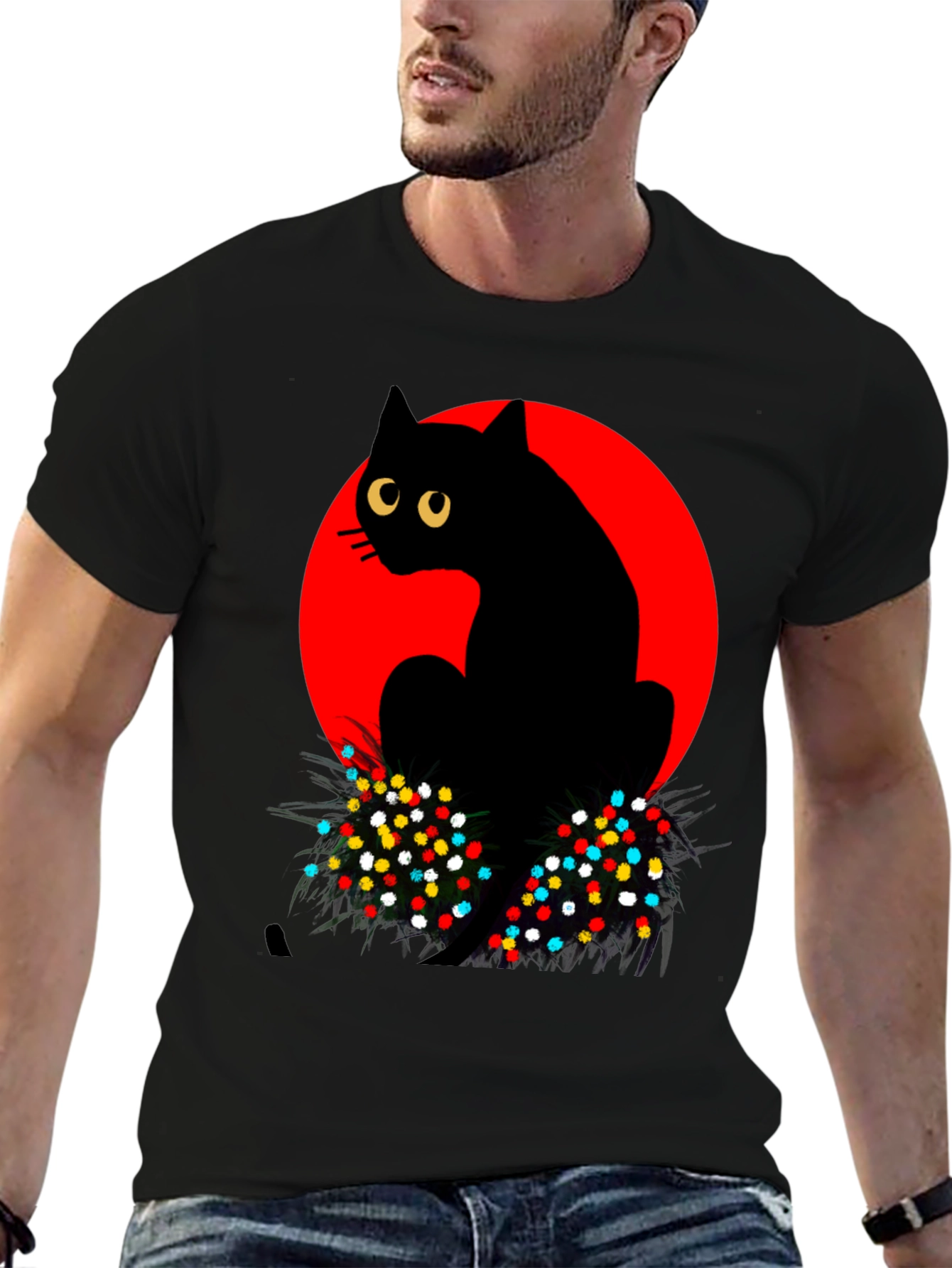 Cool Black Cat with Red Moon Graphic T-Shirt