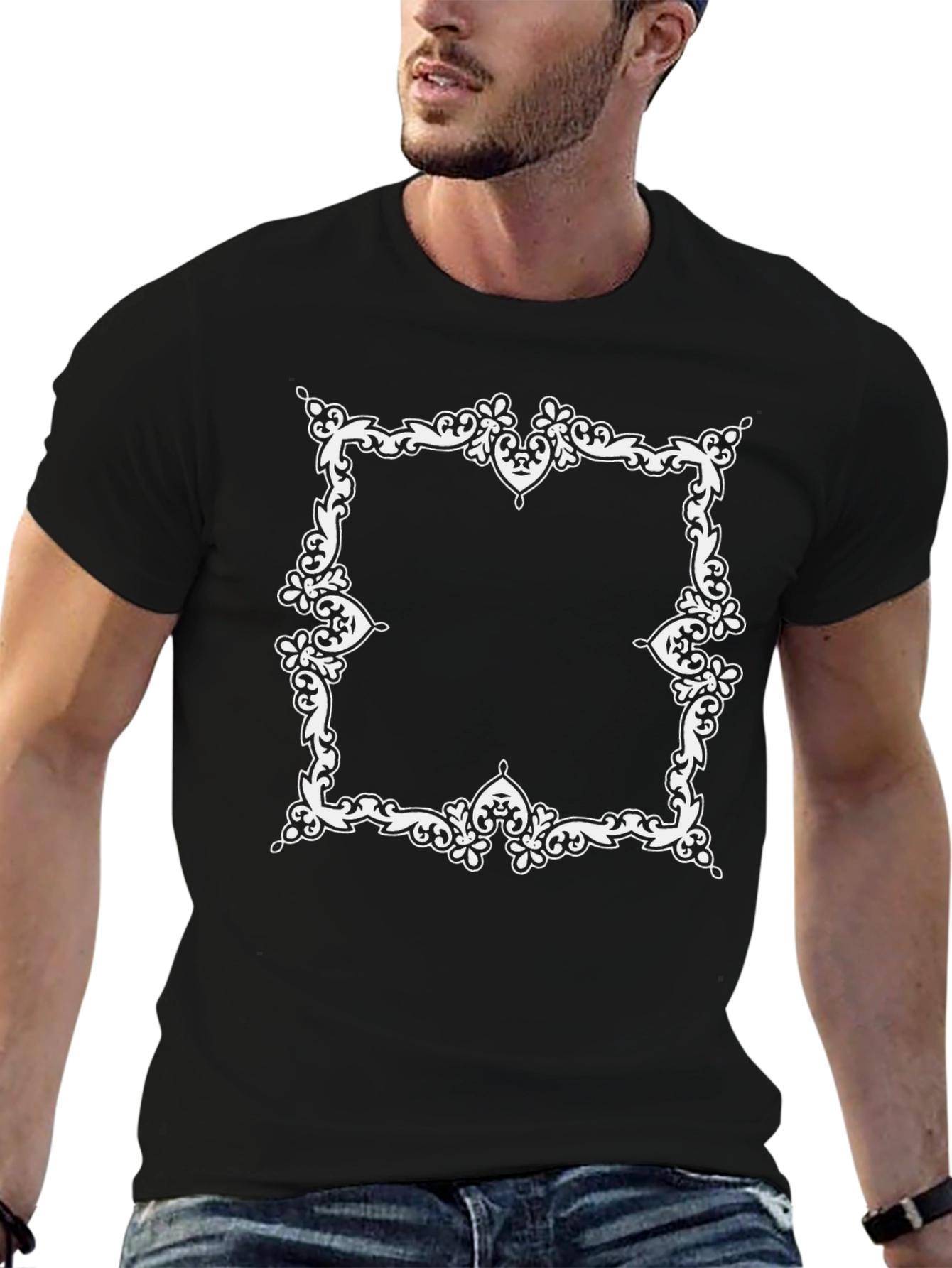 Ornate White Frame Graphic Black T-Shirt