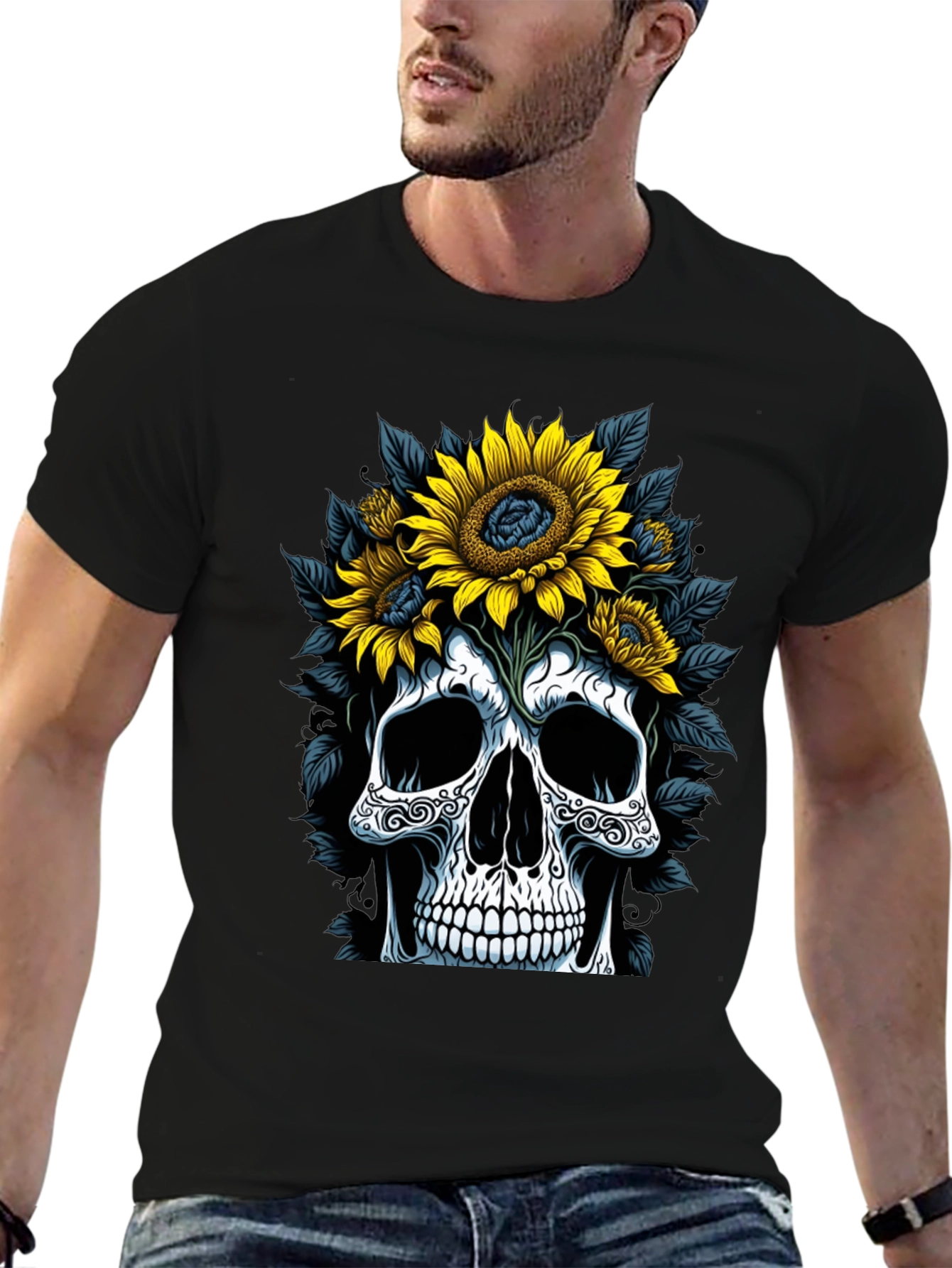 Skull & Sunflower Graphic Tee - Mens Black T-Shirt