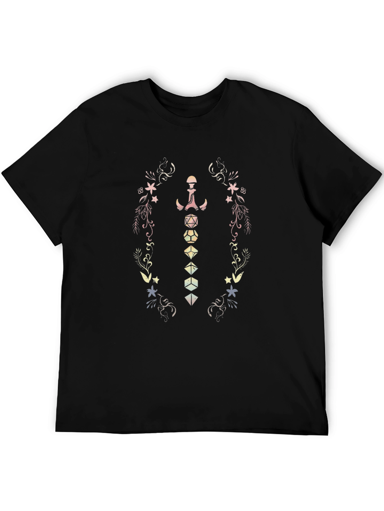 Fantasy Dice & Floral Black T-Shirt