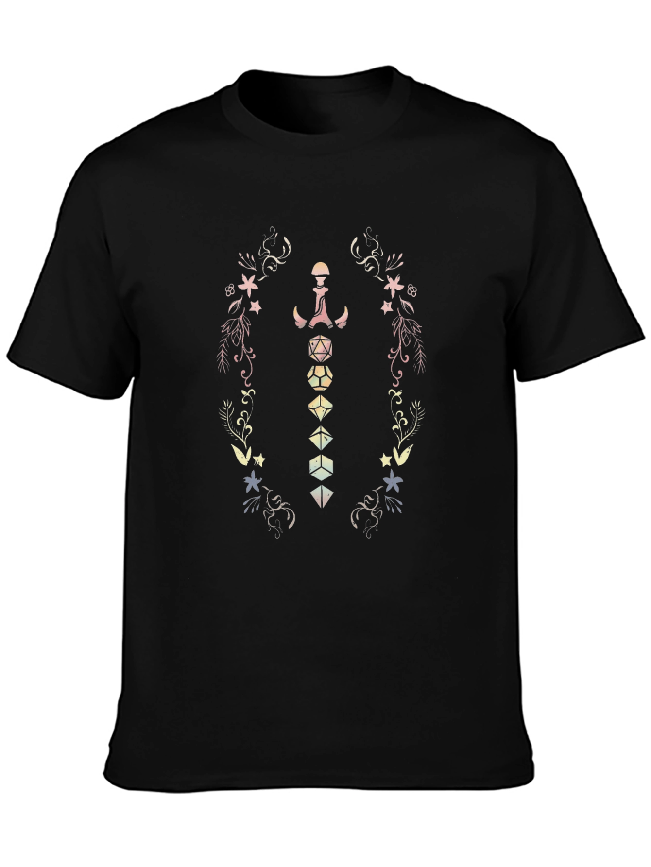 Fantasy Dice & Floral Black T-Shirt