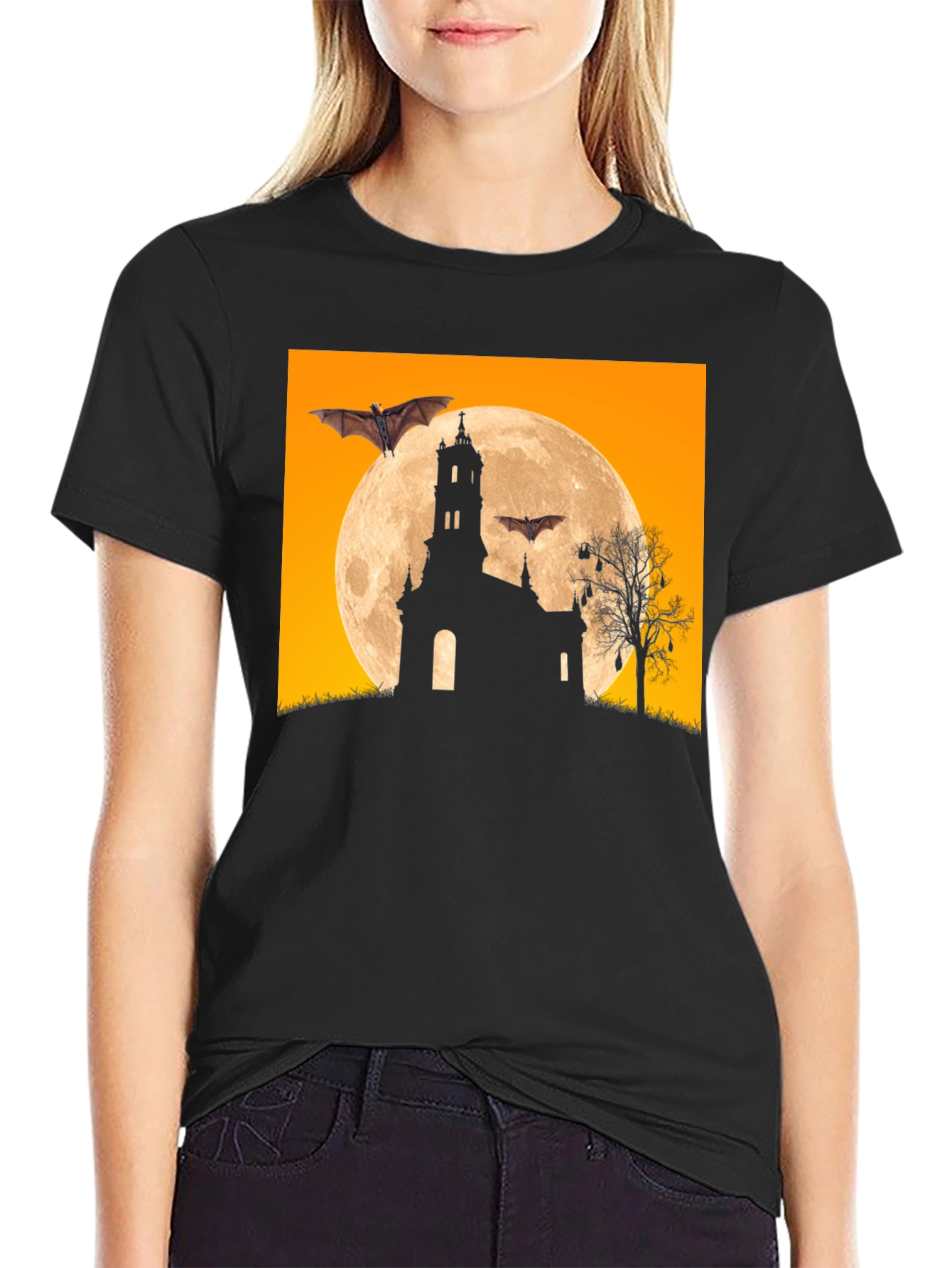 Spooky Halloween Bats & Moon T-Shirt