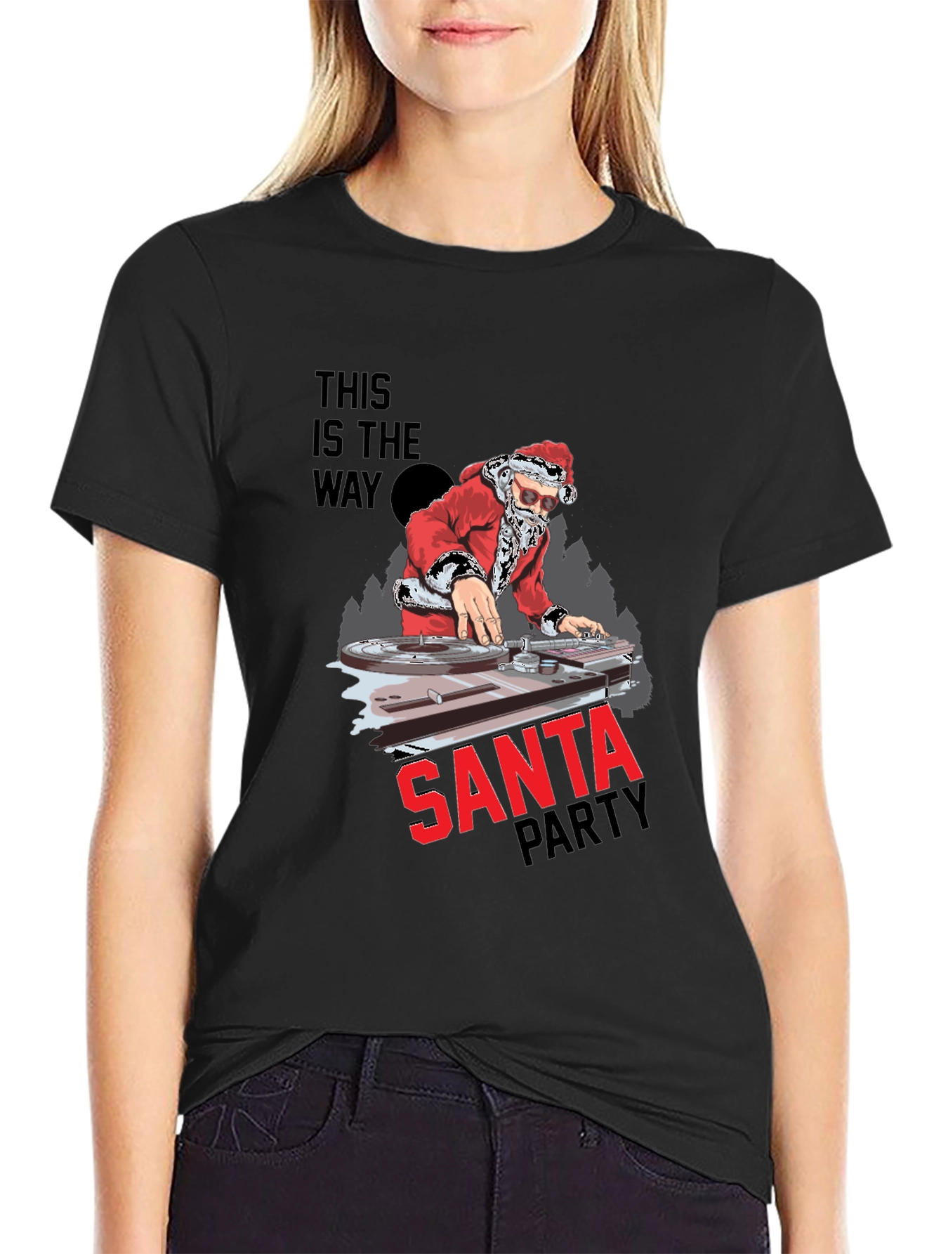DJ Santa Christmas Party Black T-Shirt
