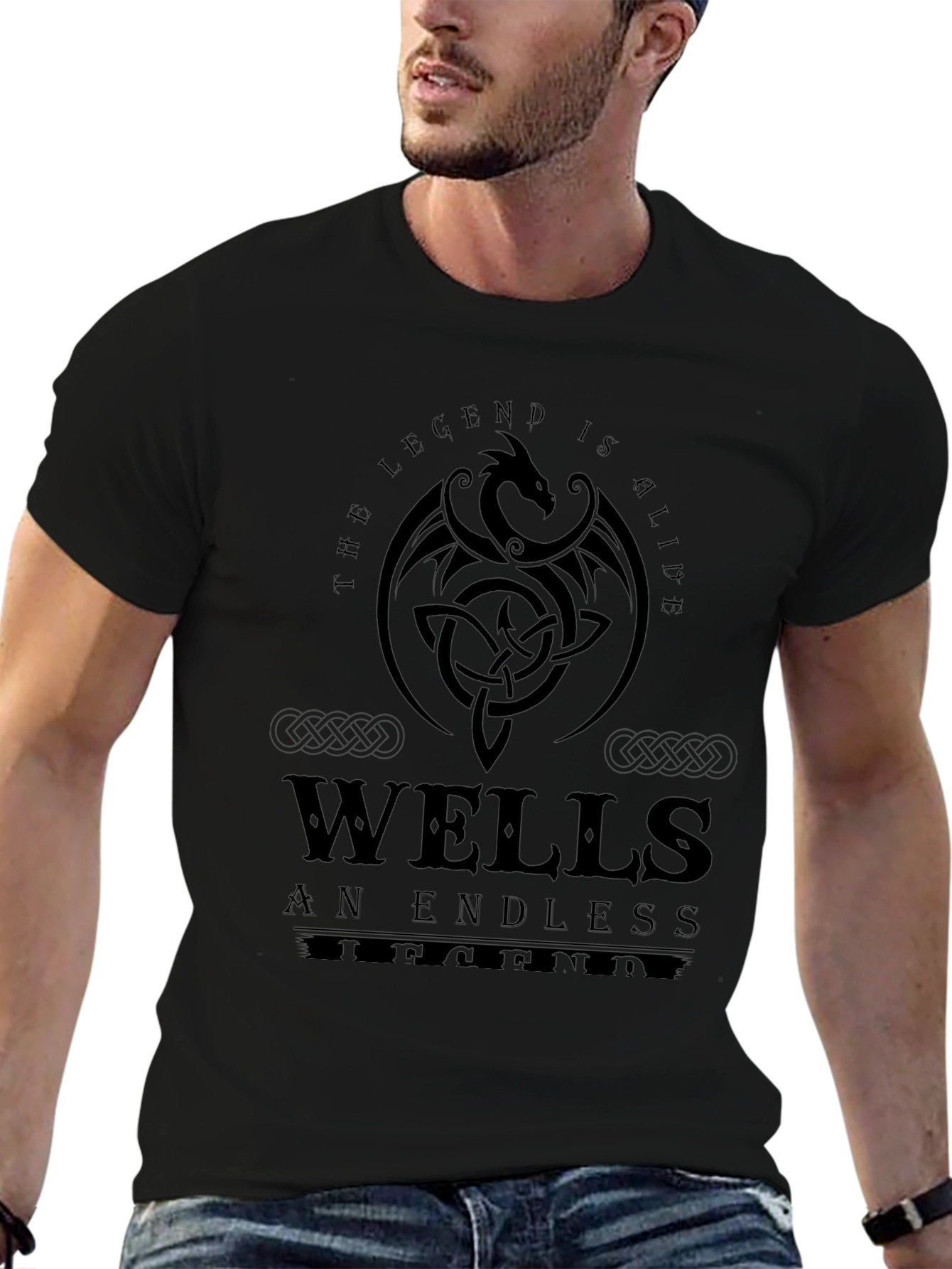 Wells Legend Black T-Shirt Dragon Graphic Print