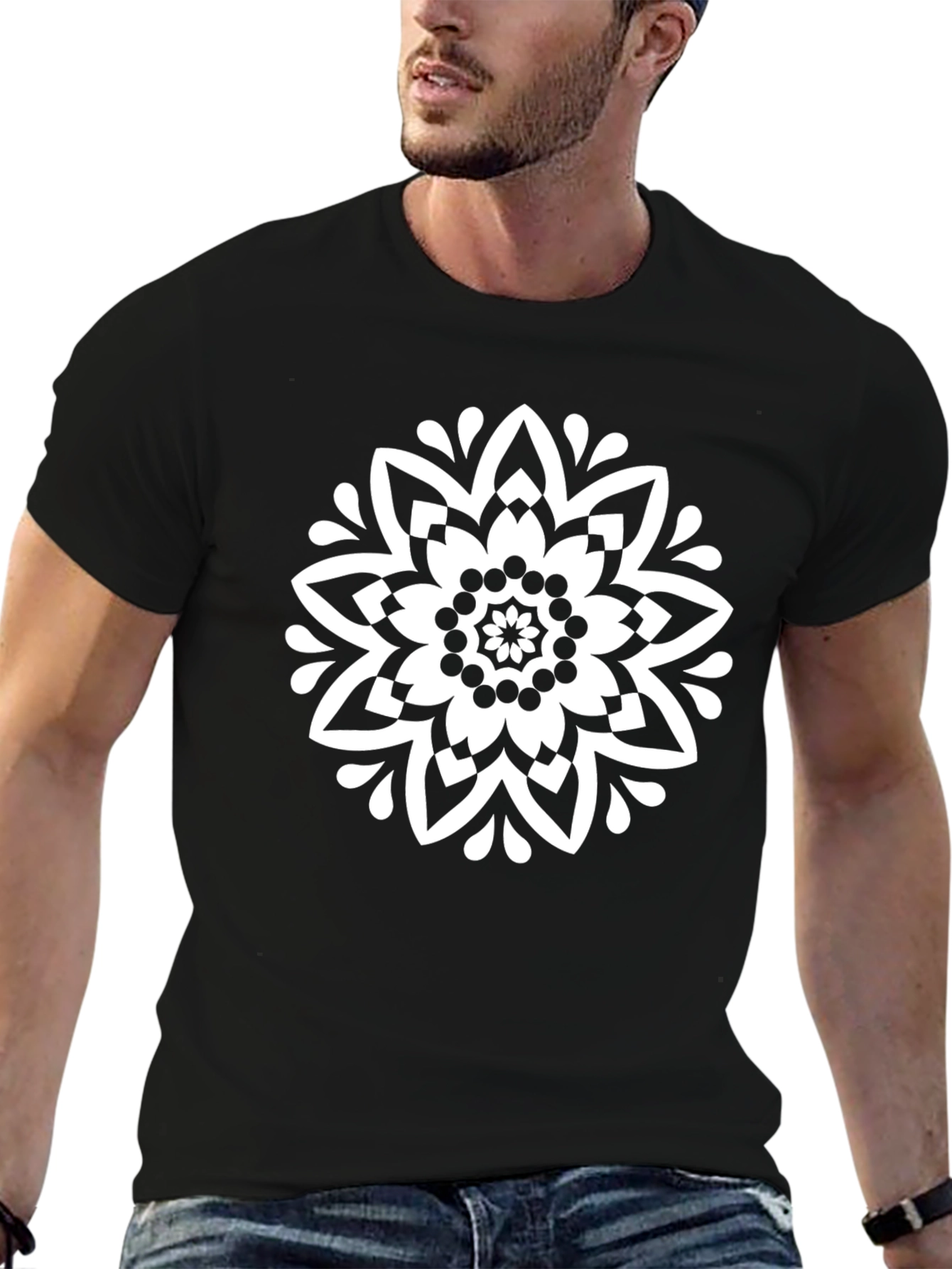 Floral Mandala Graphic Tee - Black Cotton Shirt