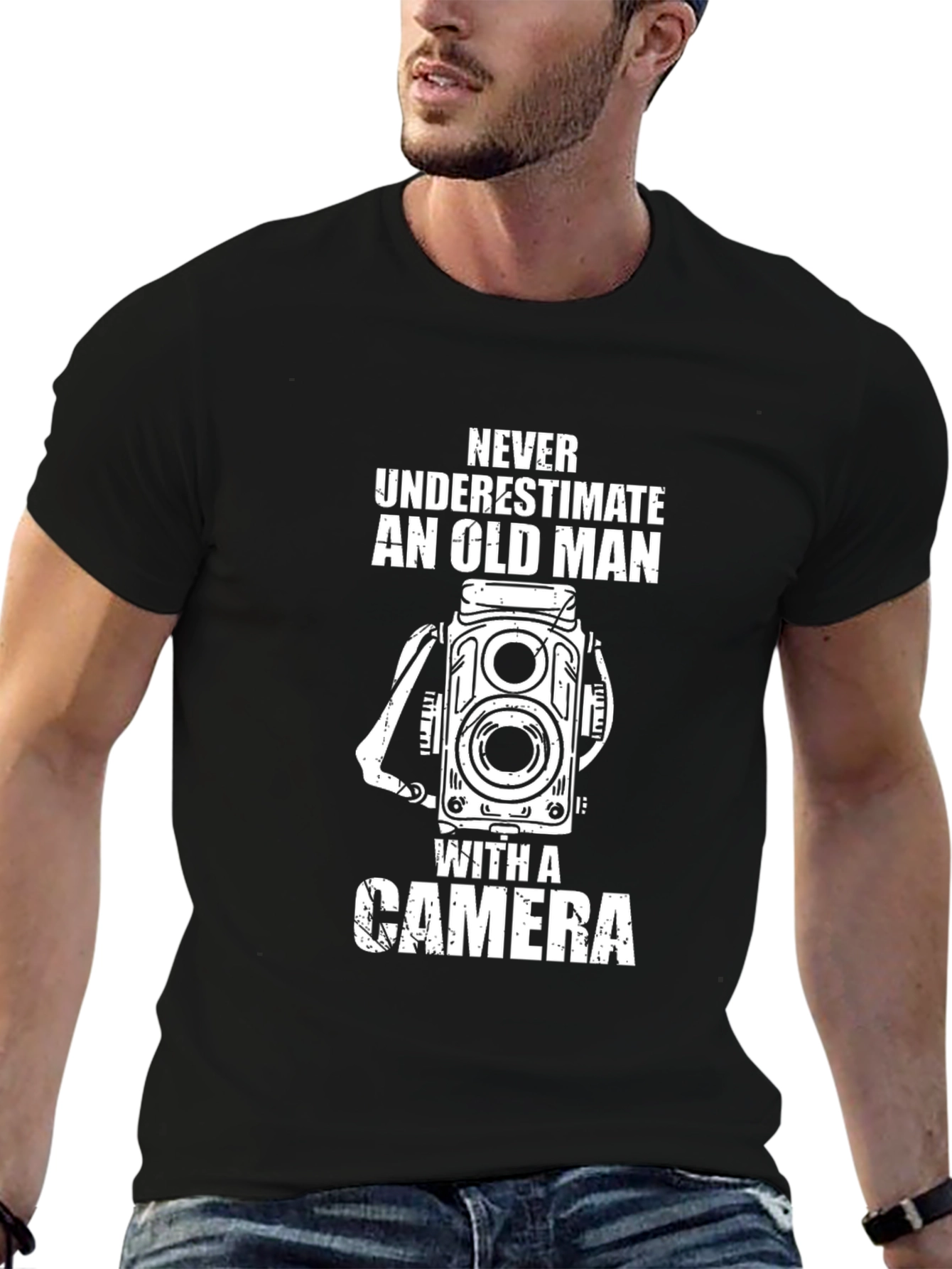 Old Man with Camera Black T-Shirt - Photographer Gift
