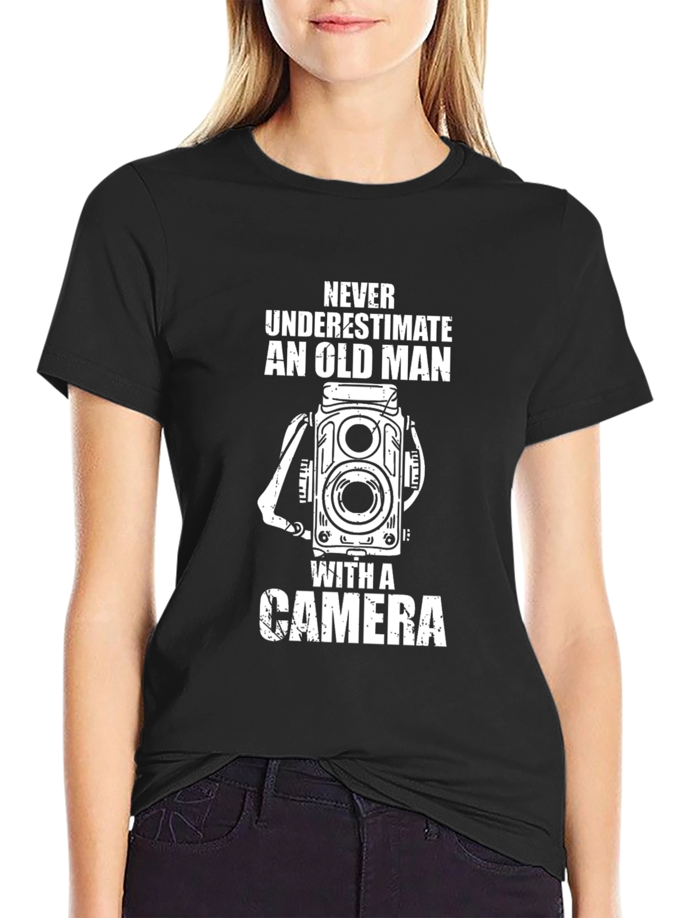 Old Man with Camera Black T-Shirt - Photographer Gift