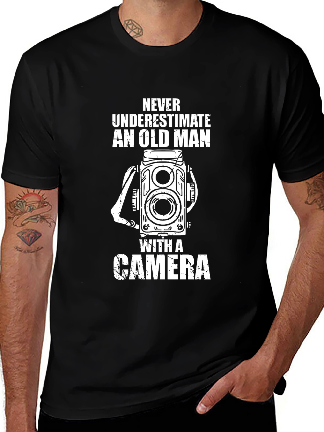 Old Man with Camera Black T-Shirt - Photographer Gift