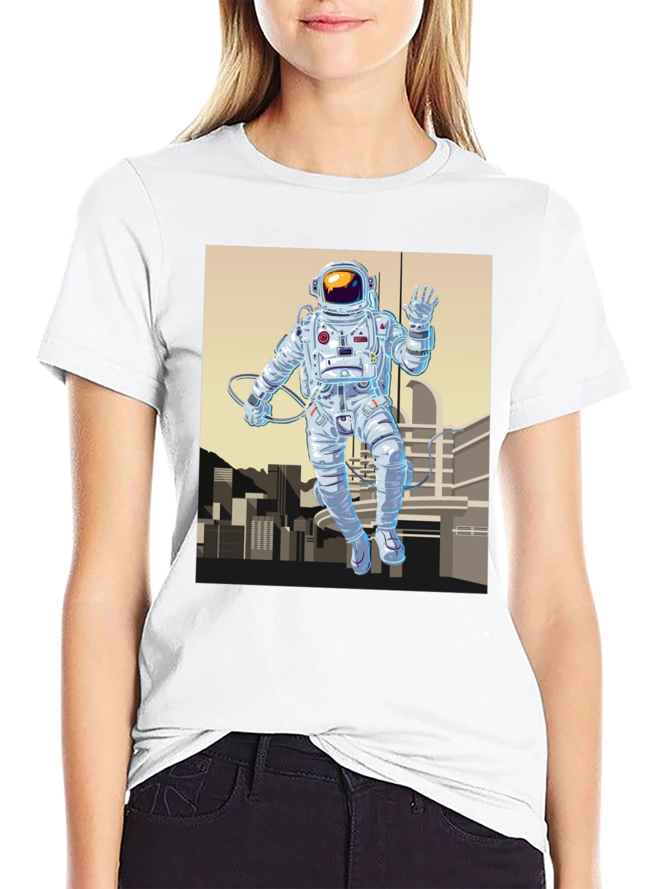 Astronaut Cityscape Graphic Tee - Space Explorer Shirt