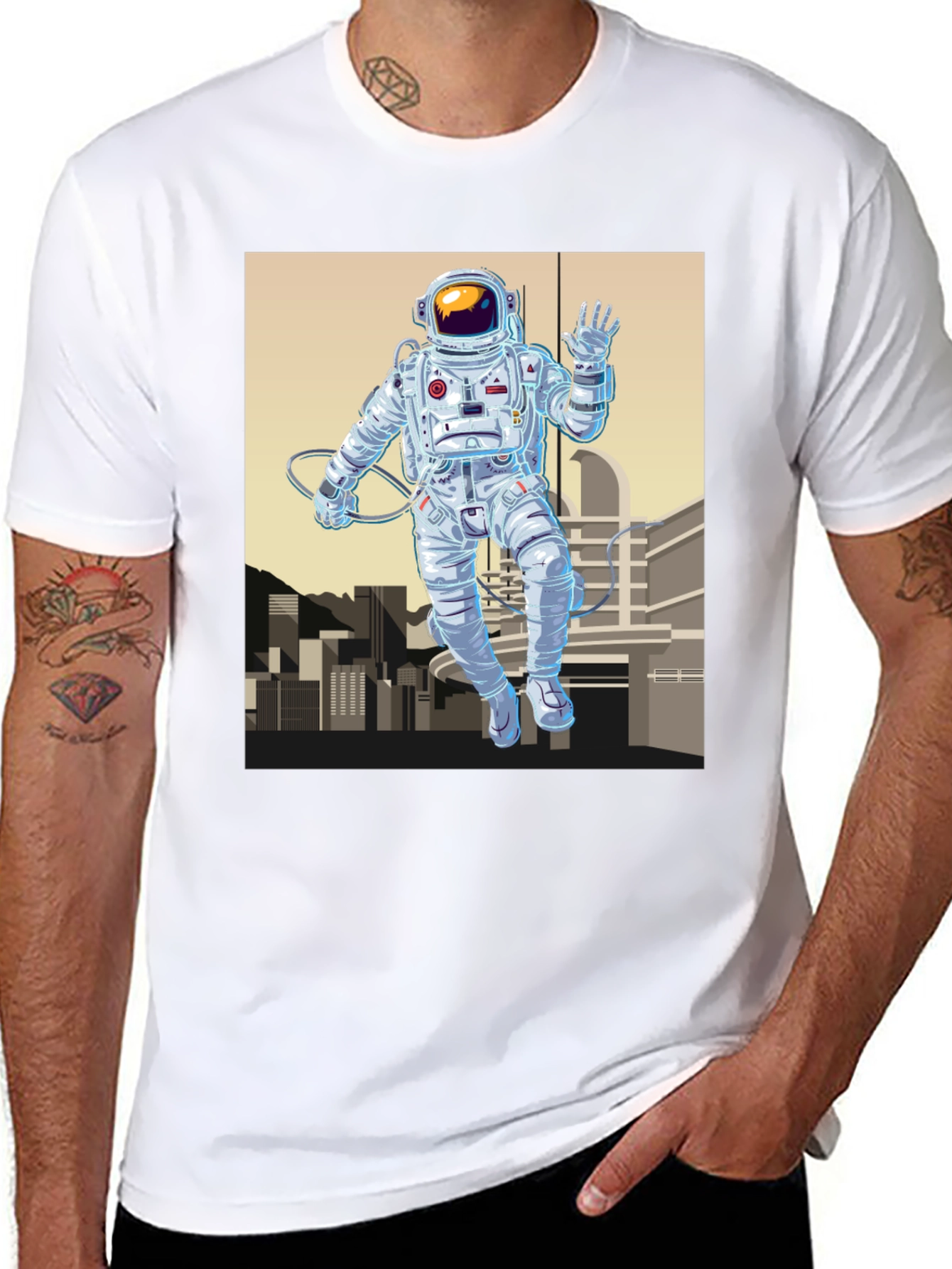 Astronaut Cityscape Graphic Tee - Space Explorer Shirt