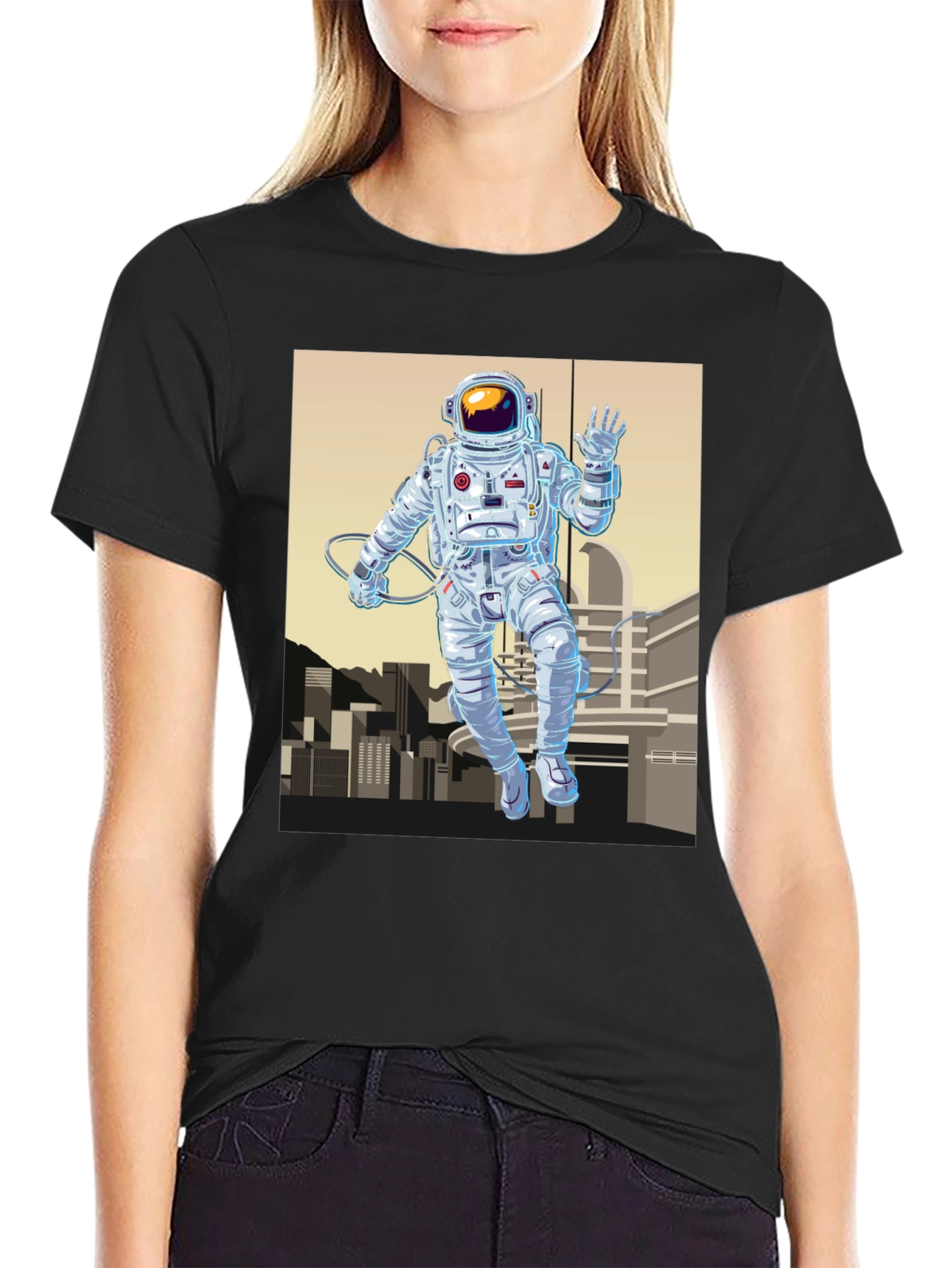 Astronaut Cityscape Graphic Tee - Space Explorer Shirt
