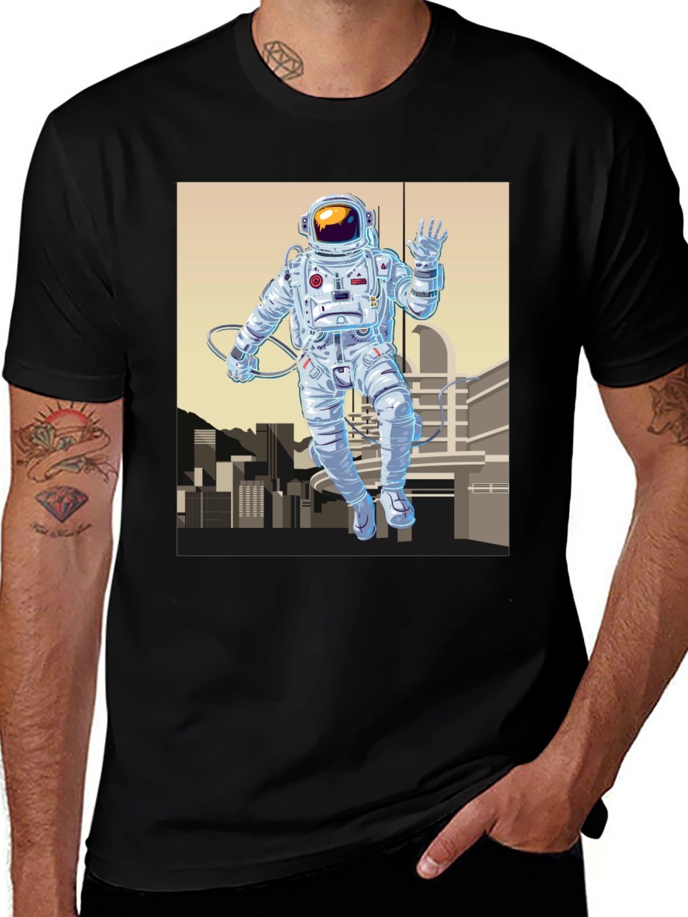 Astronaut Cityscape Graphic Tee - Space Explorer Shirt