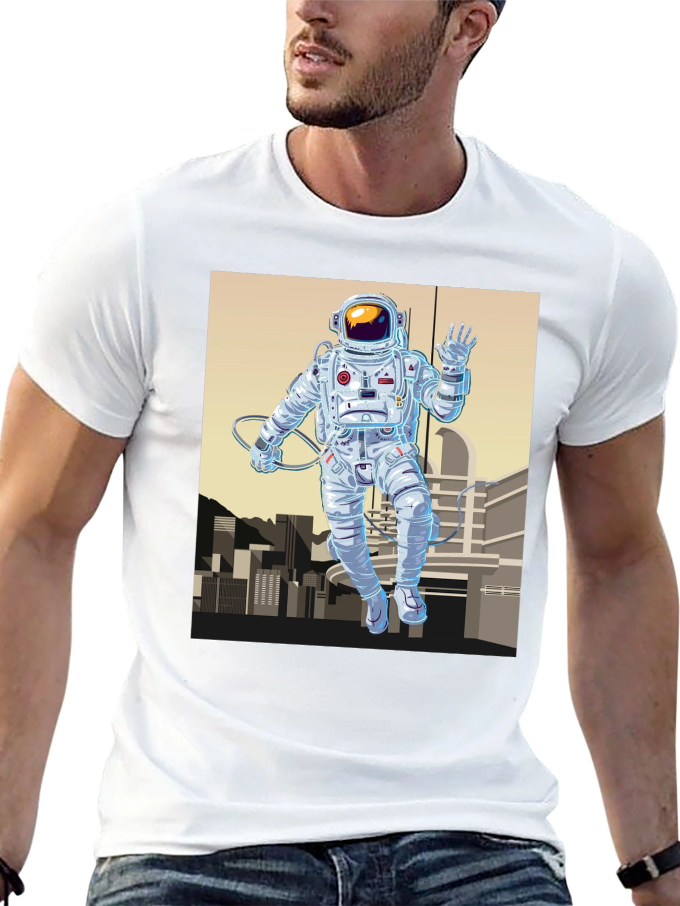Astronaut Cityscape Graphic Tee - Space Explorer Shirt