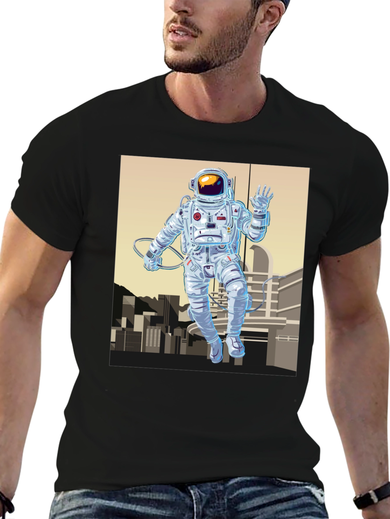 Astronaut Cityscape Graphic Tee - Space Explorer Shirt