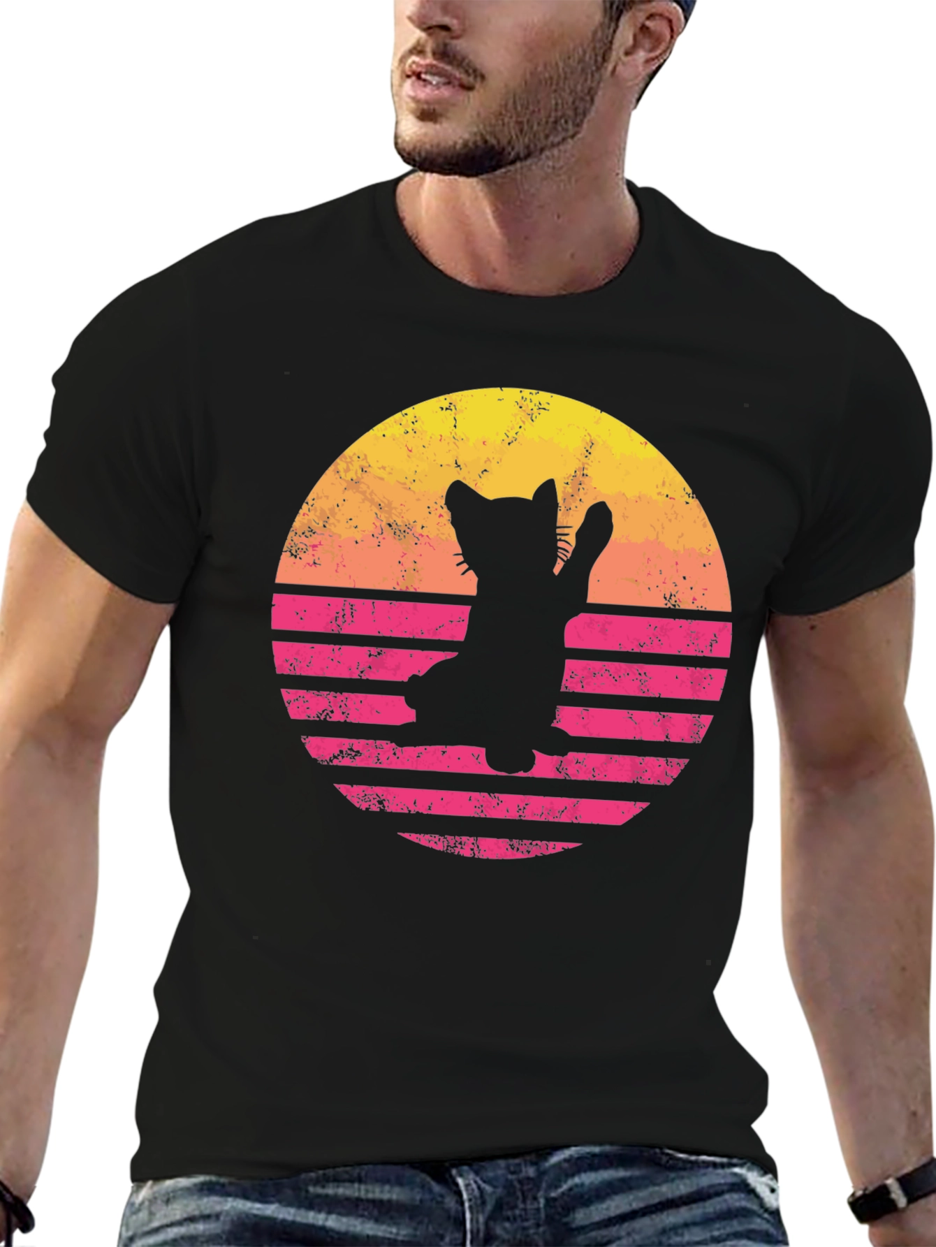 Retro Cat Sunset Graphic Tee - Black