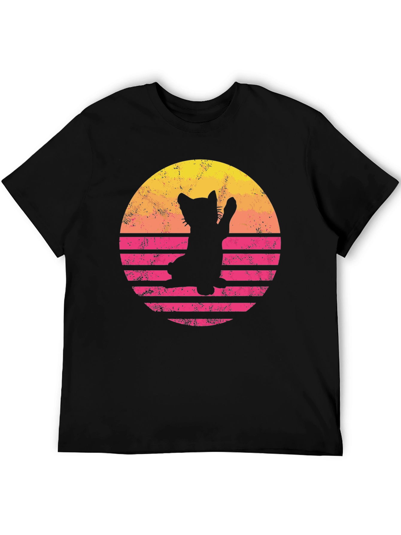Retro Cat Sunset Graphic Tee - Black
