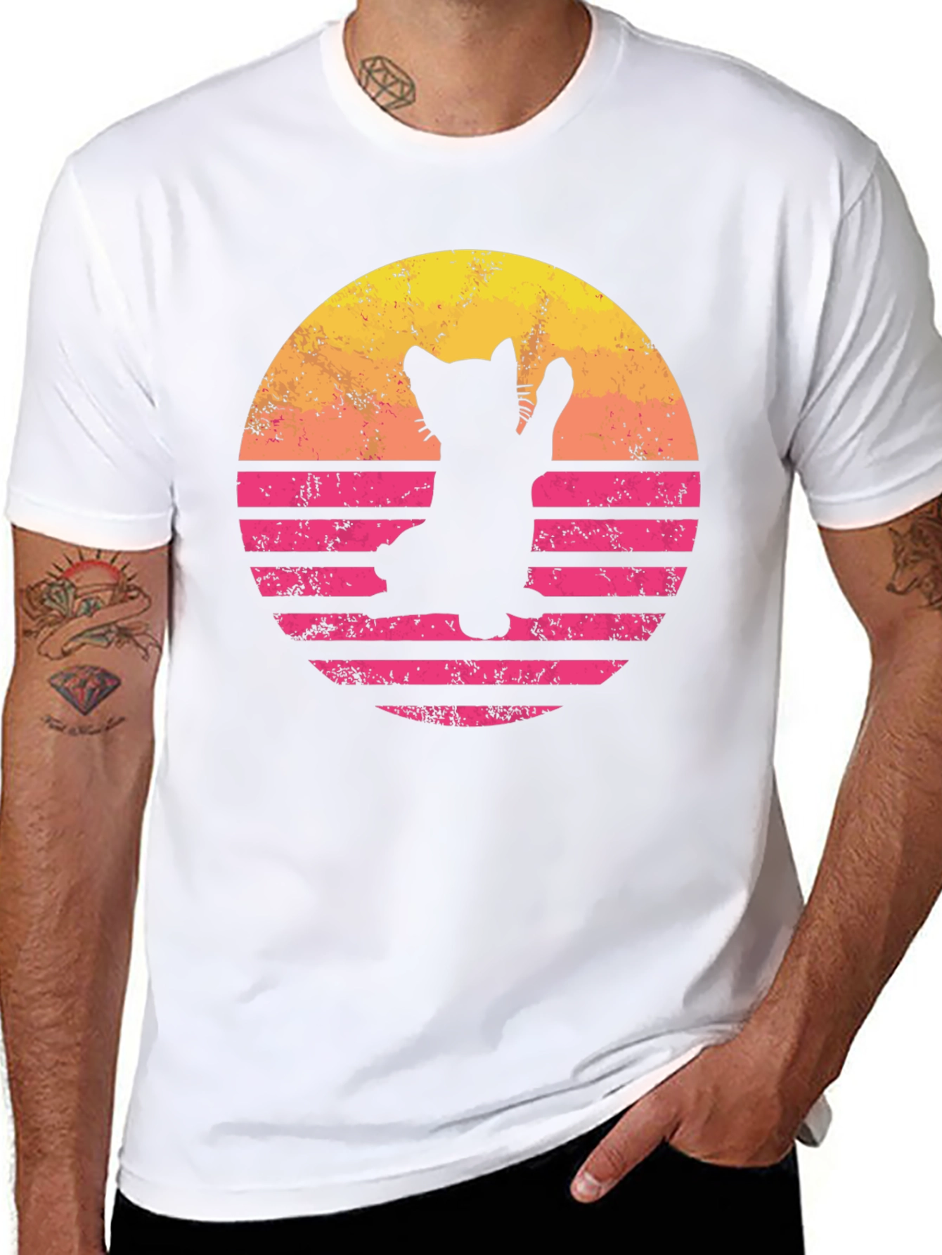 Retro Cat Sunset Graphic Tee - Black