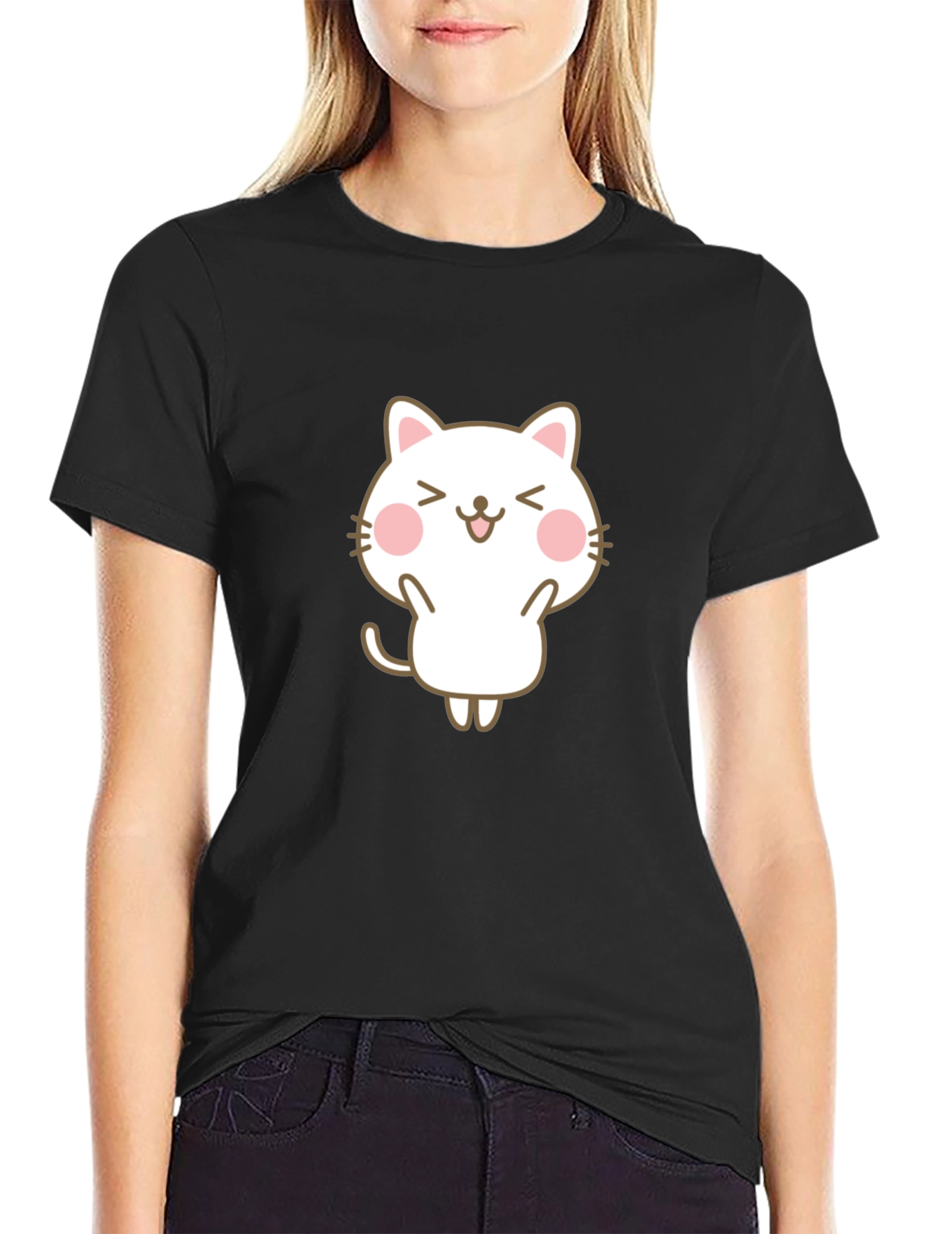 Cute Cat Graphic Black T-Shirt