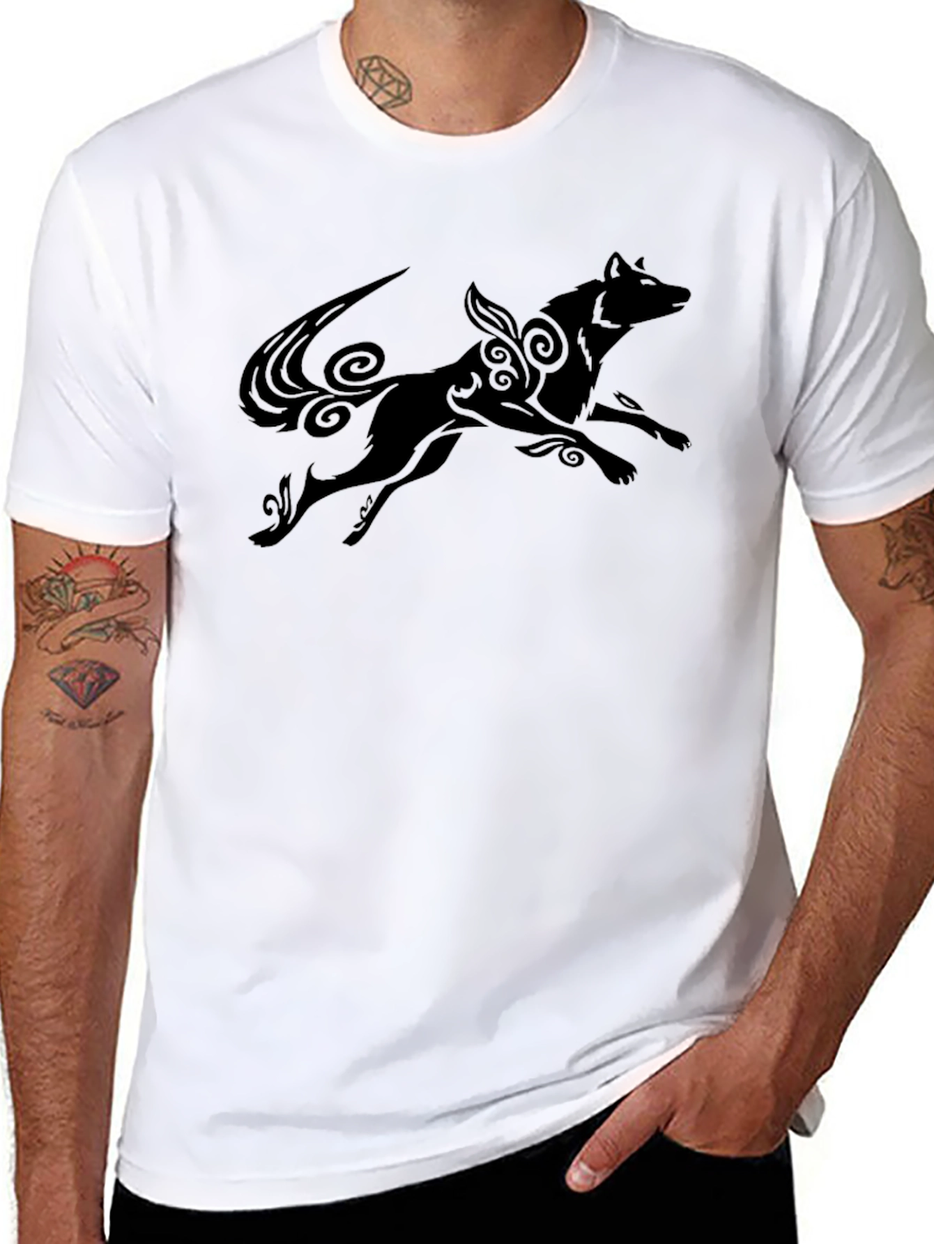 Black T-Shirt with Stylized Wolf Design