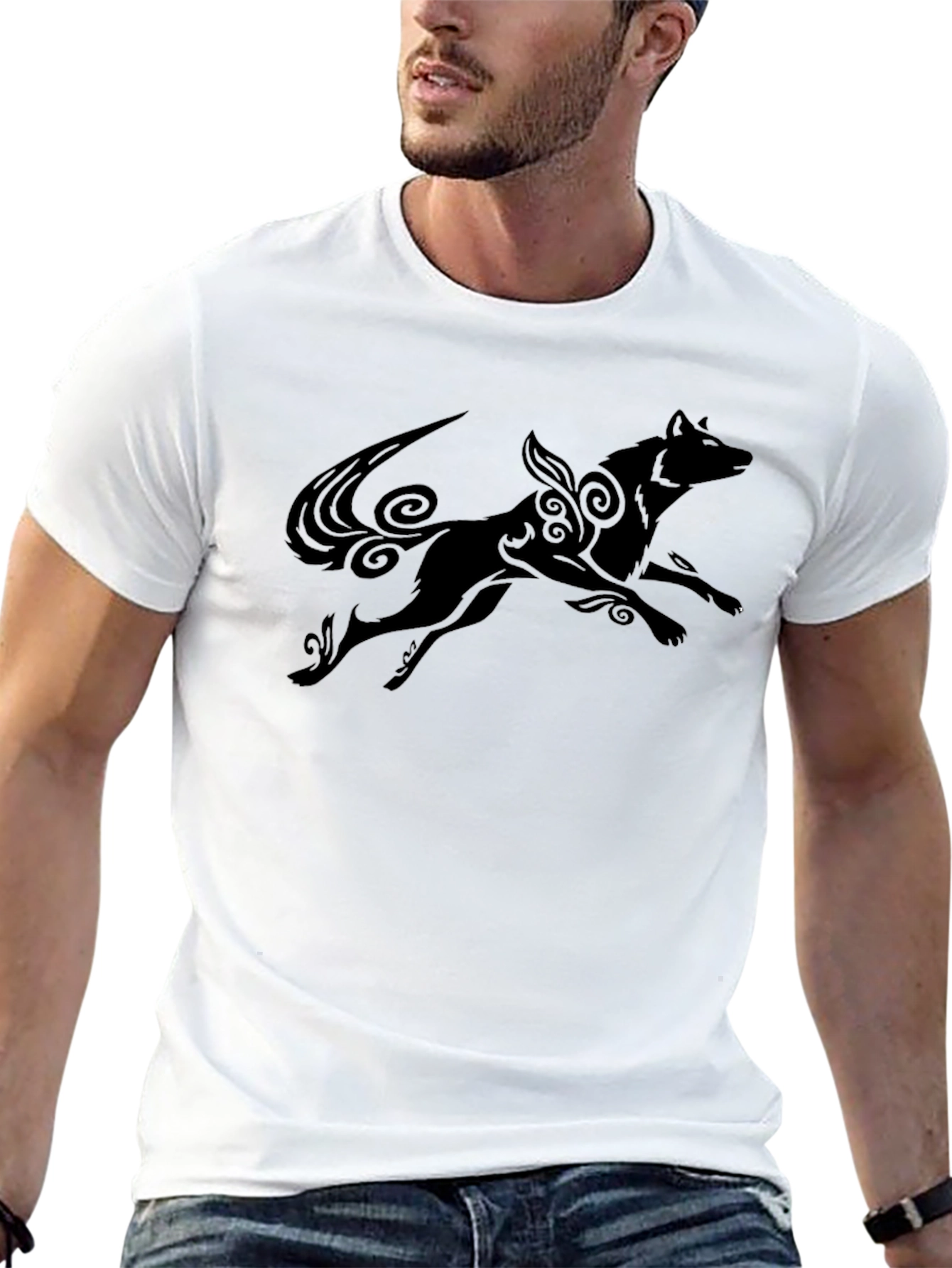 Black T-Shirt with Stylized Wolf Design