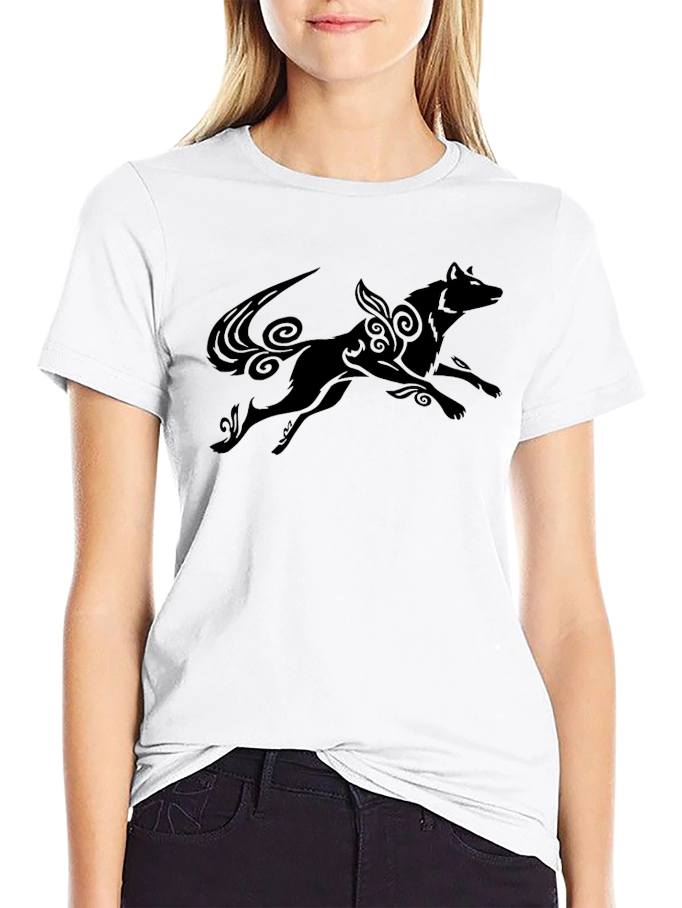 Black T-Shirt with Stylized Wolf Design