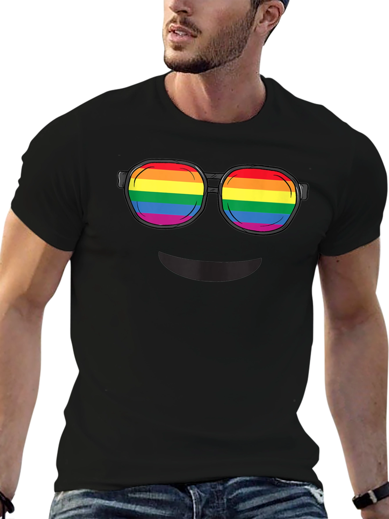 Rainbow Glasses Graphic T-Shirt - Black Crew Neck Tee