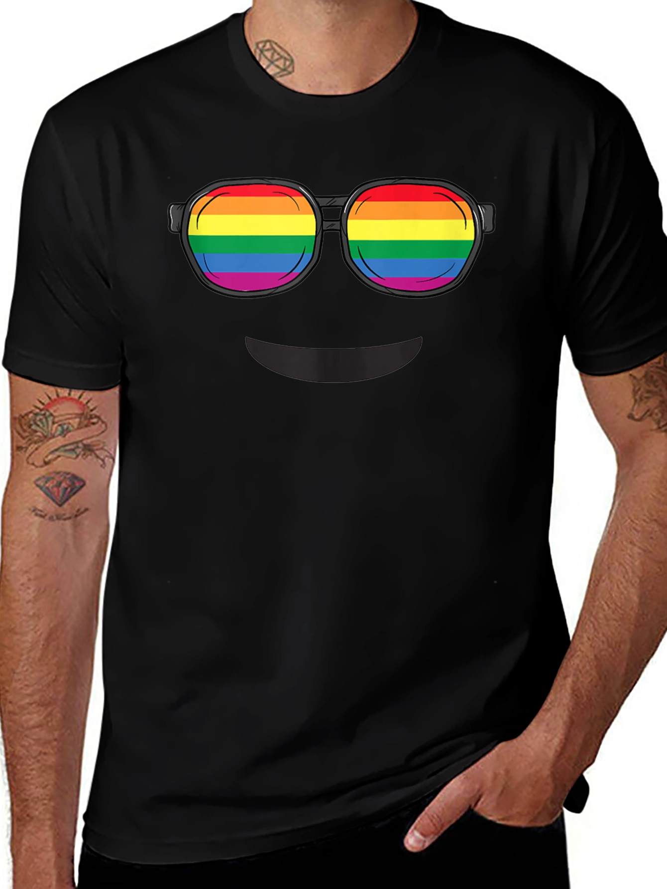 Rainbow Glasses Graphic T-Shirt - Black Crew Neck Tee