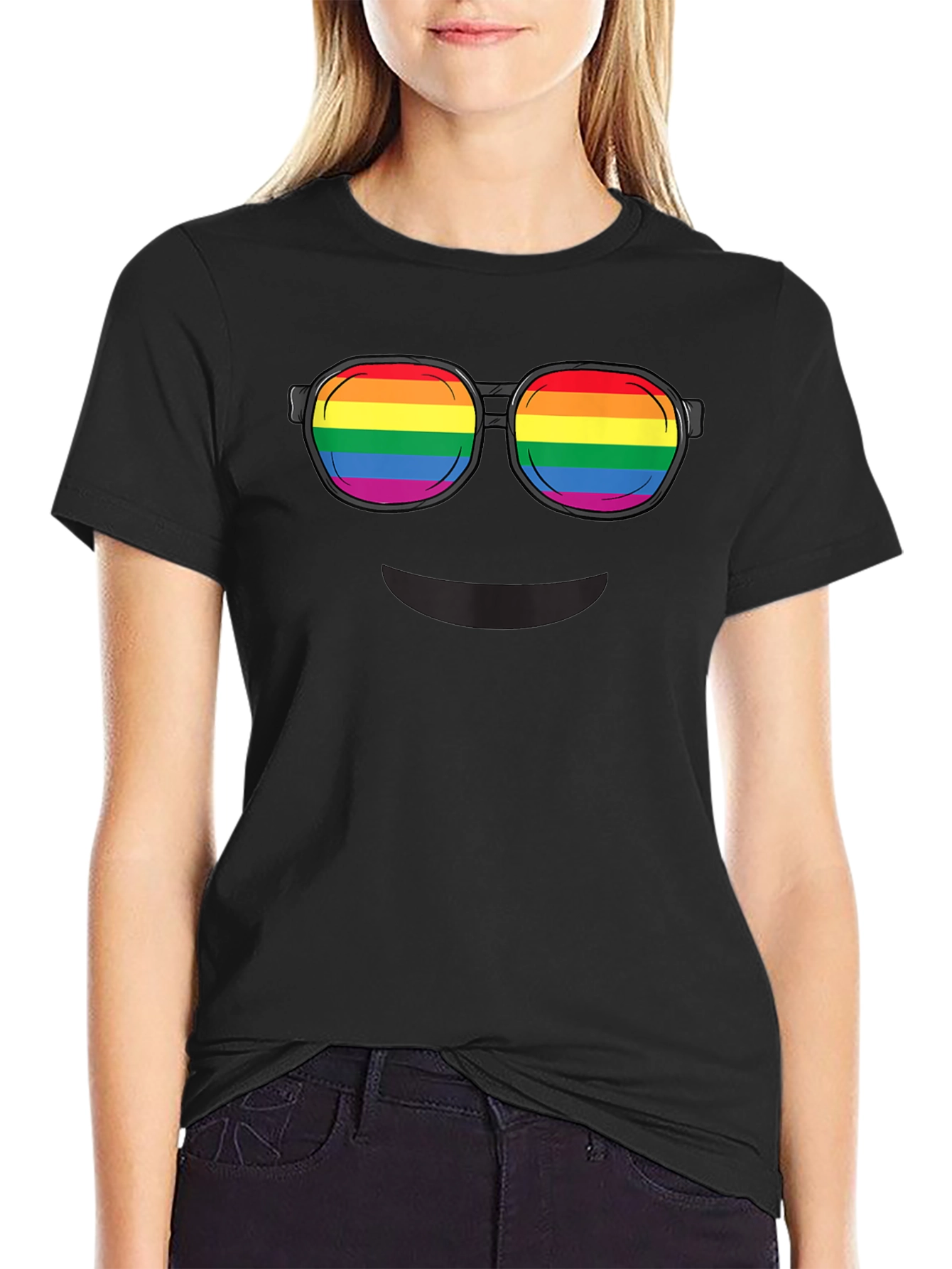 Rainbow Glasses Graphic T-Shirt - Black Crew Neck Tee
