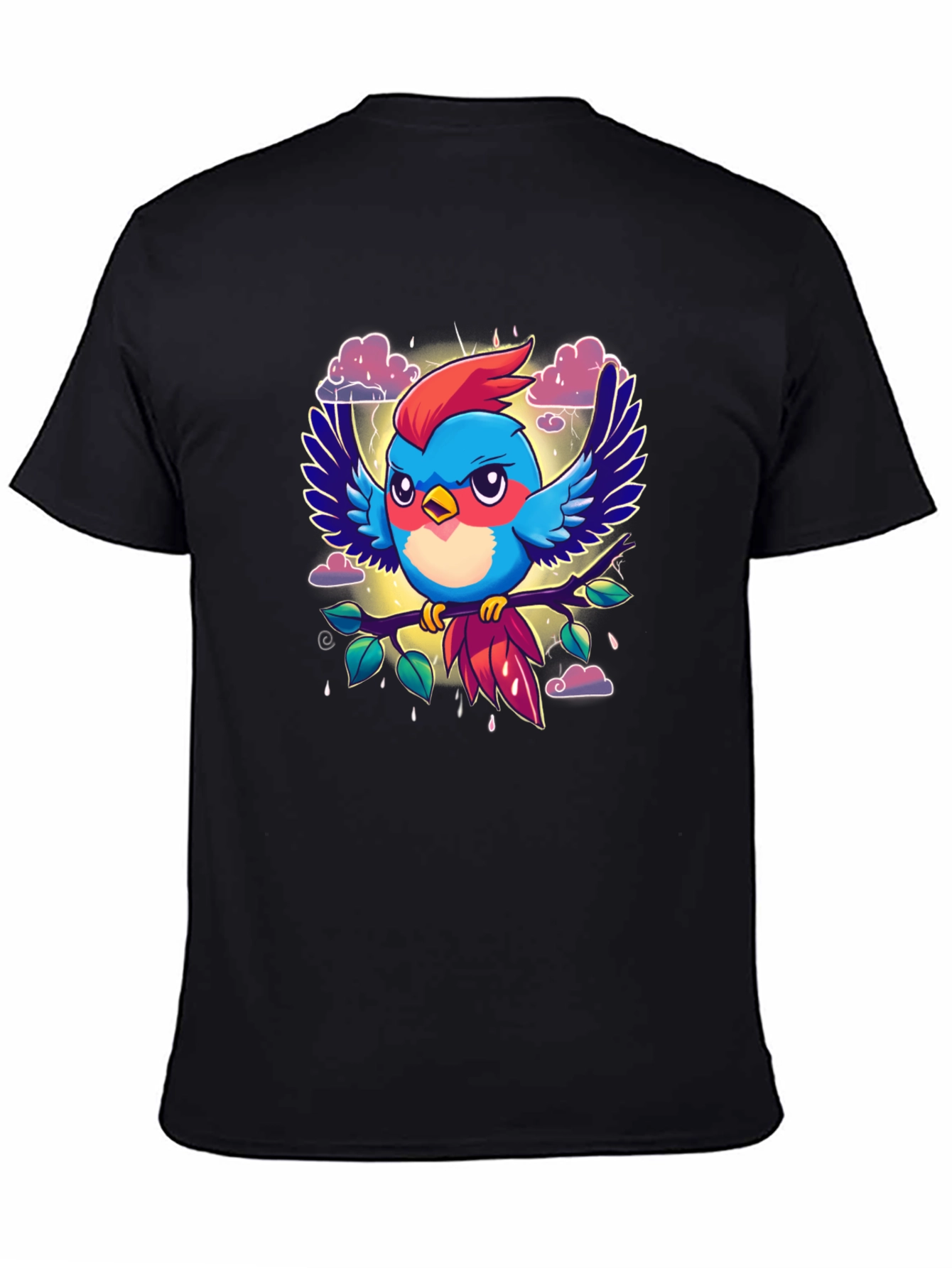 Cartoon Bird Print Black T-Shirt