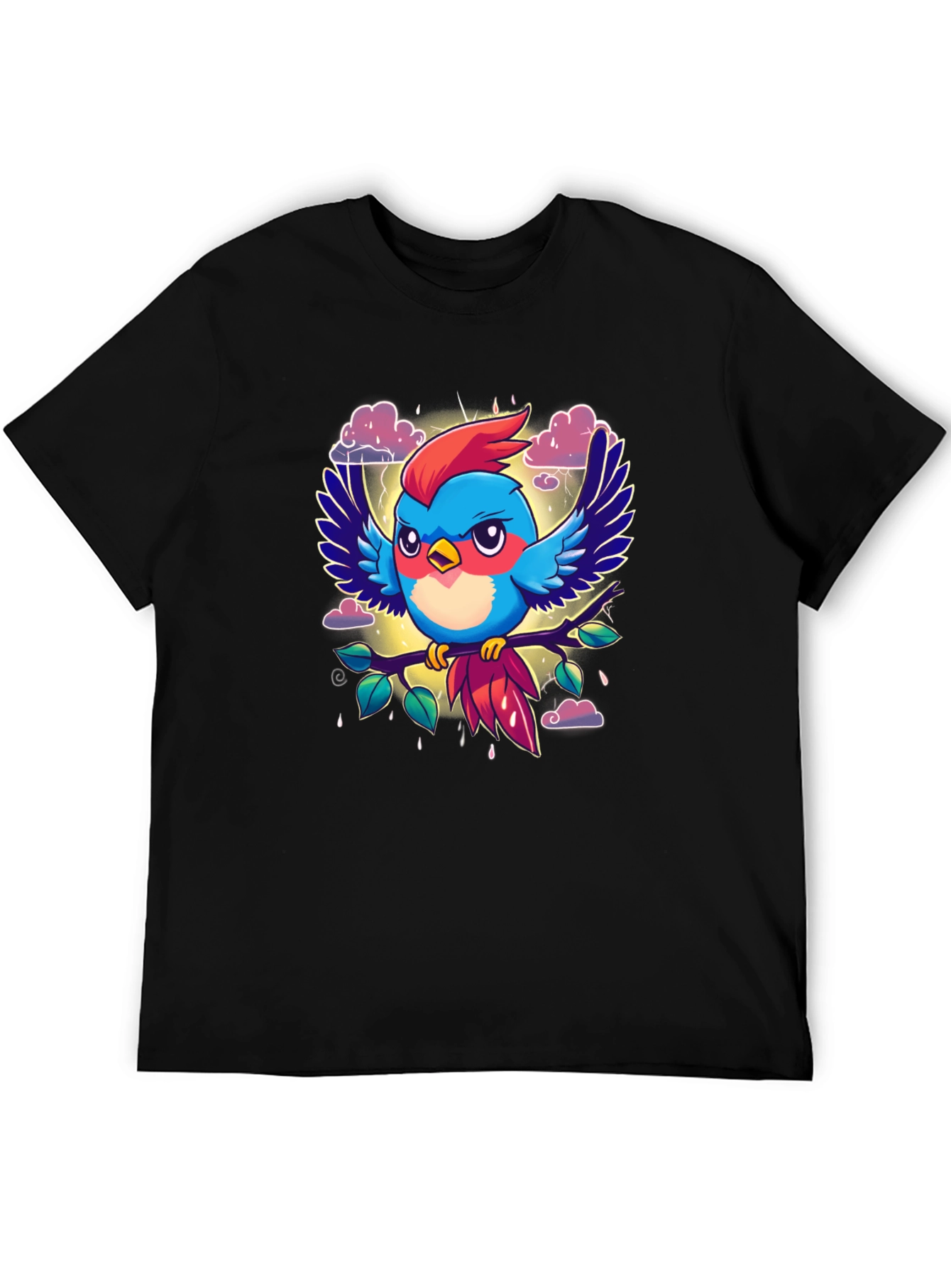 Cartoon Bird Print Black T-Shirt