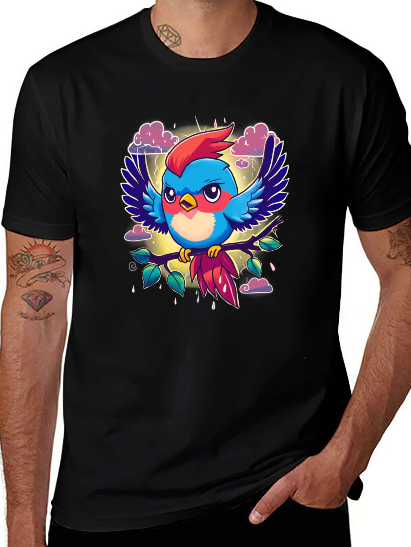 Cartoon Bird Print Black T-Shirt