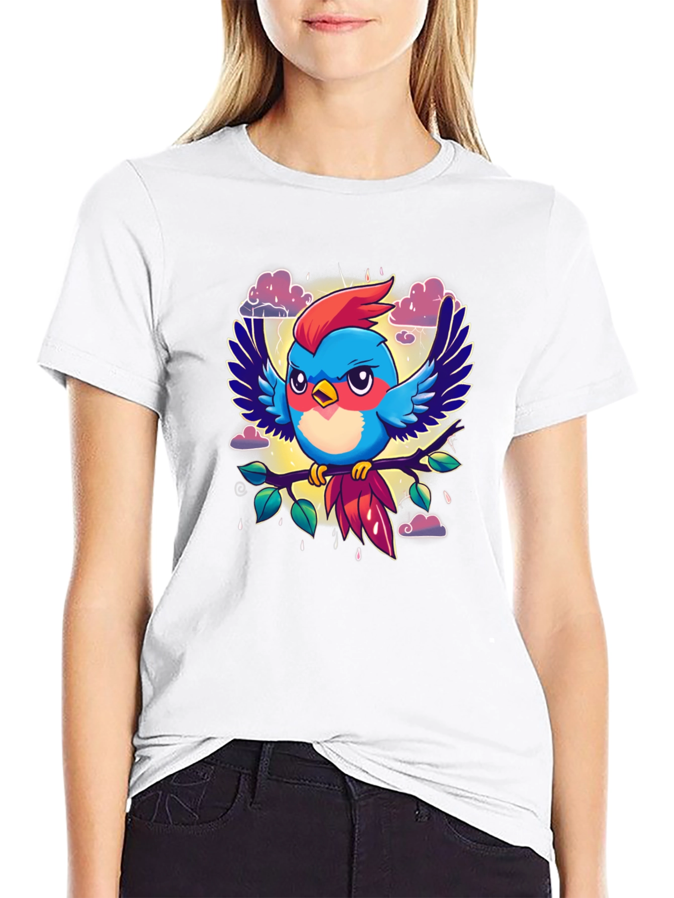 Cartoon Bird Print Black T-Shirt