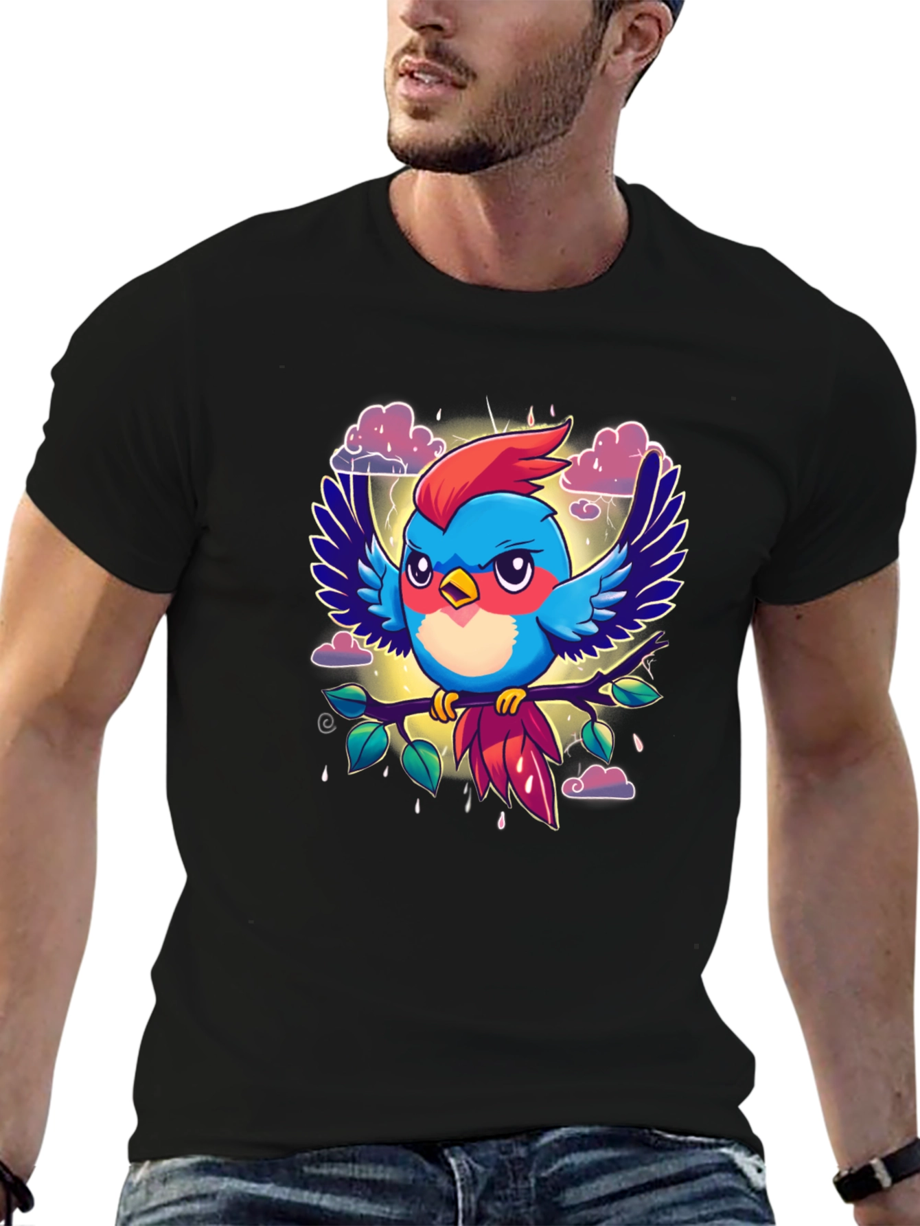 Cartoon Bird Print Black T-Shirt