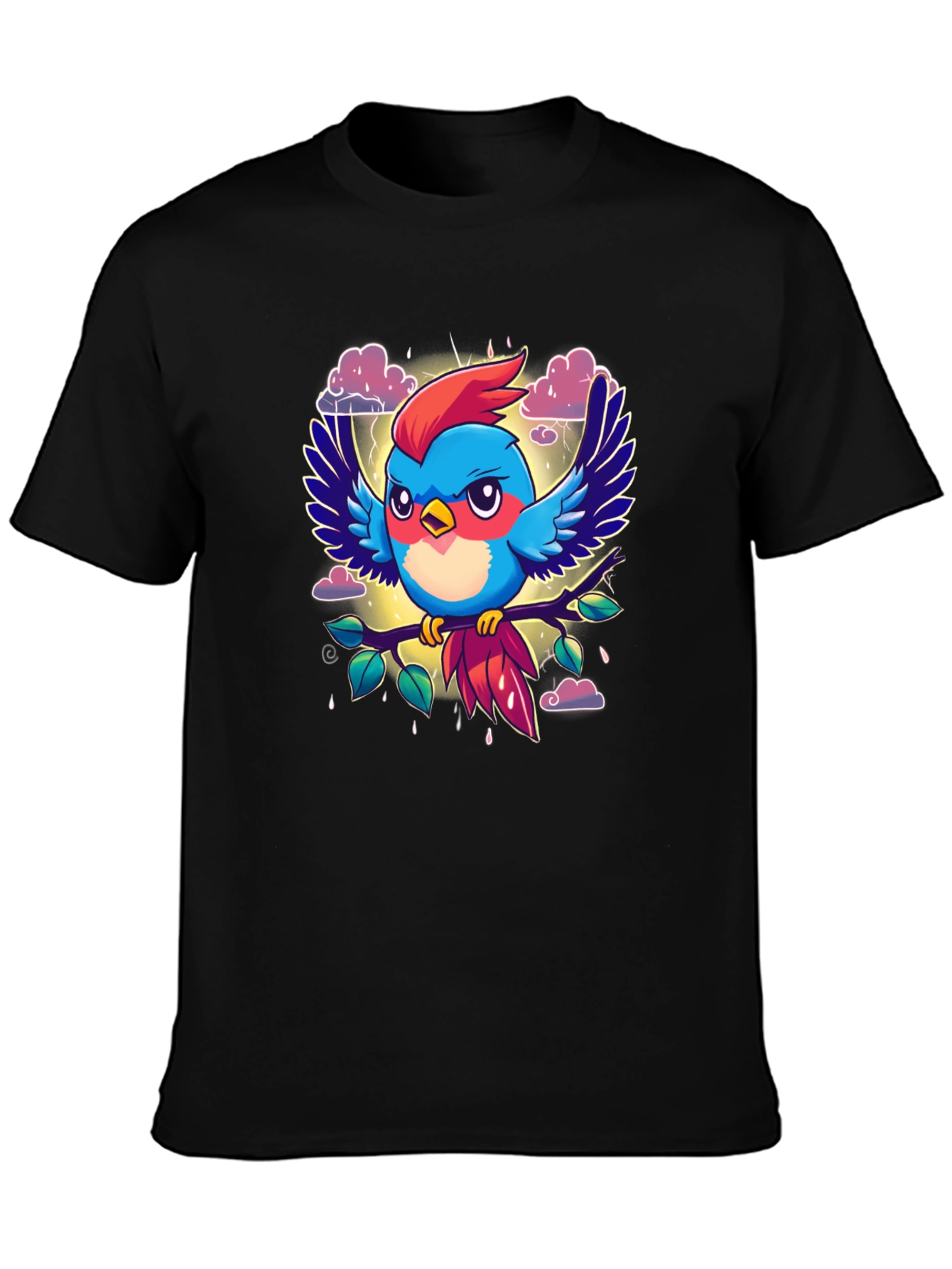 Cartoon Bird Print Black T-Shirt