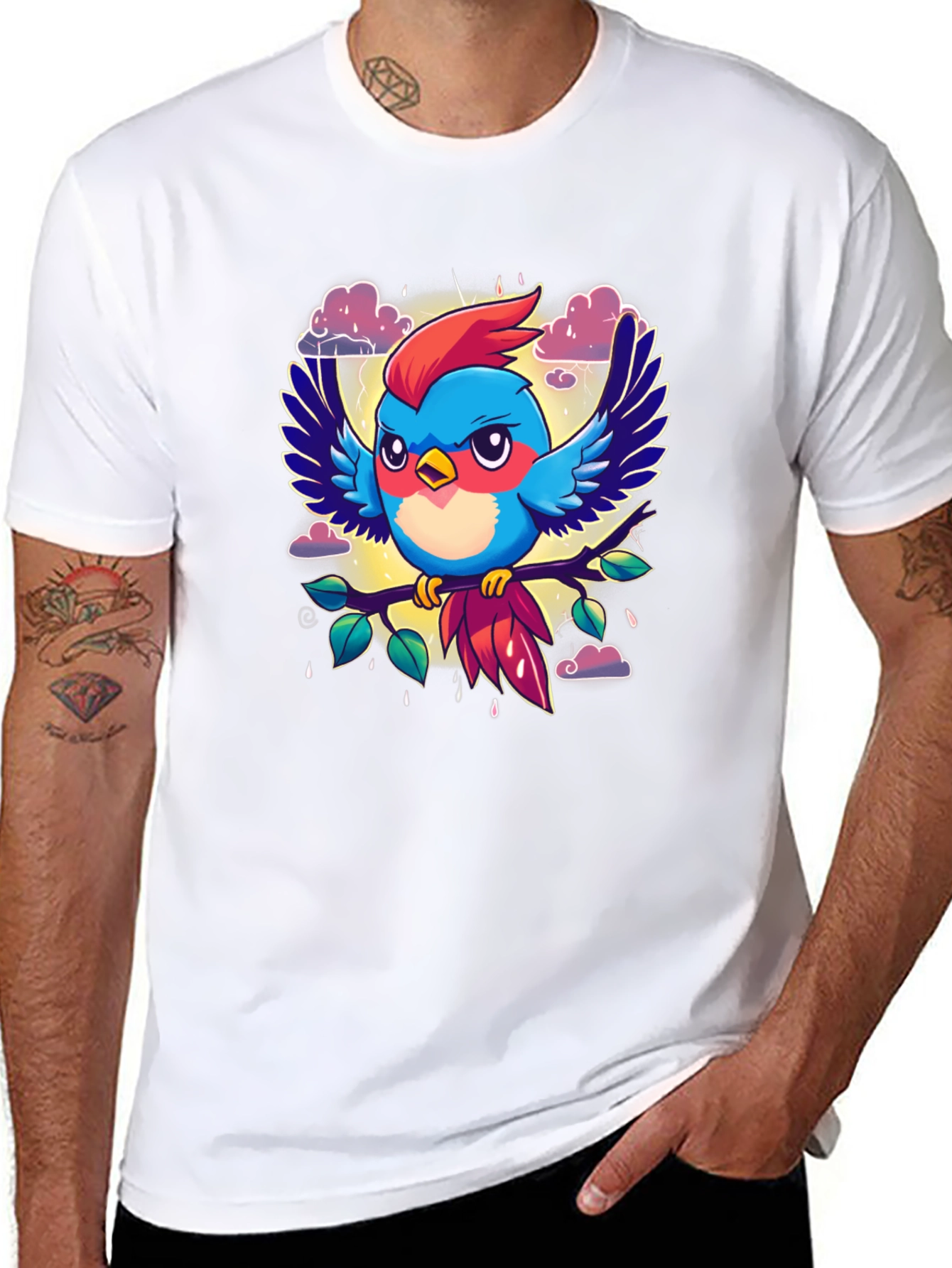 Cartoon Bird Print Black T-Shirt