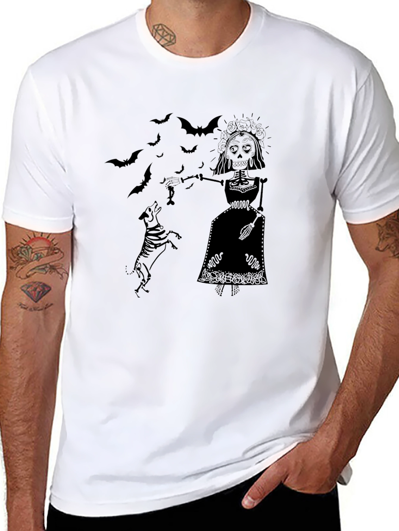 Day of the Dead Skeleton Dog Black Graphic T-Shirt