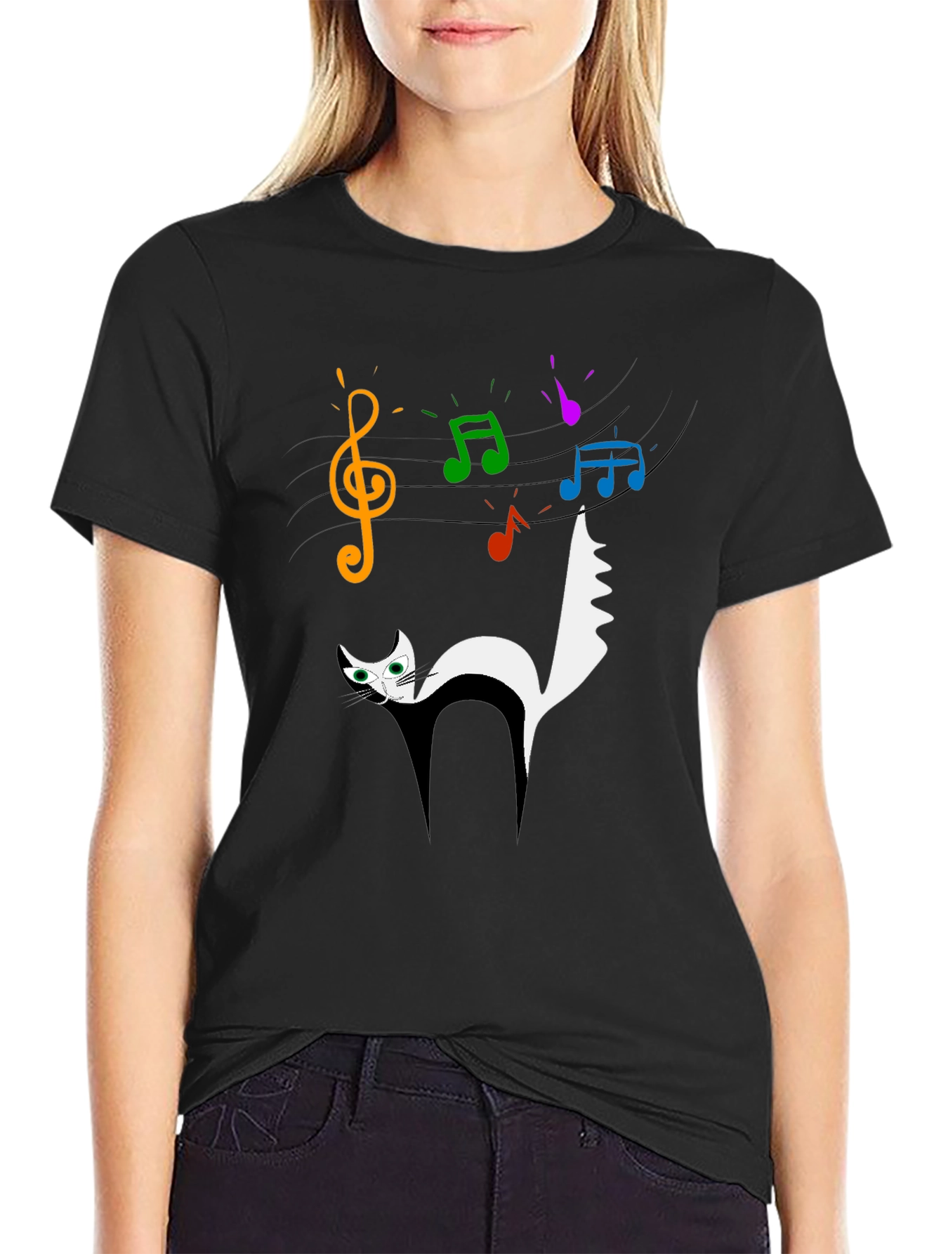 Musical Cat Graphic Black T-Shirt