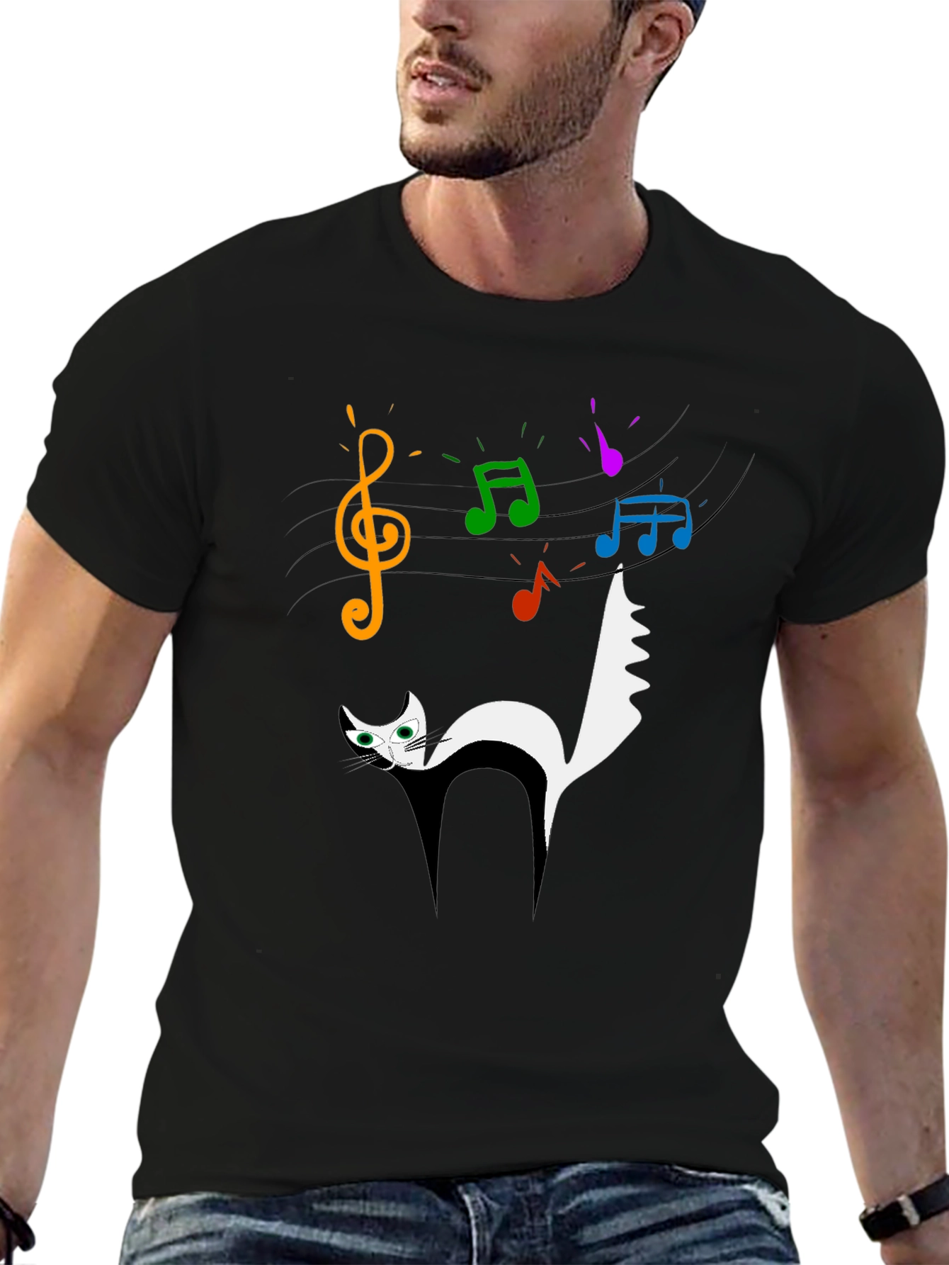 Musical Cat Graphic Black T-Shirt