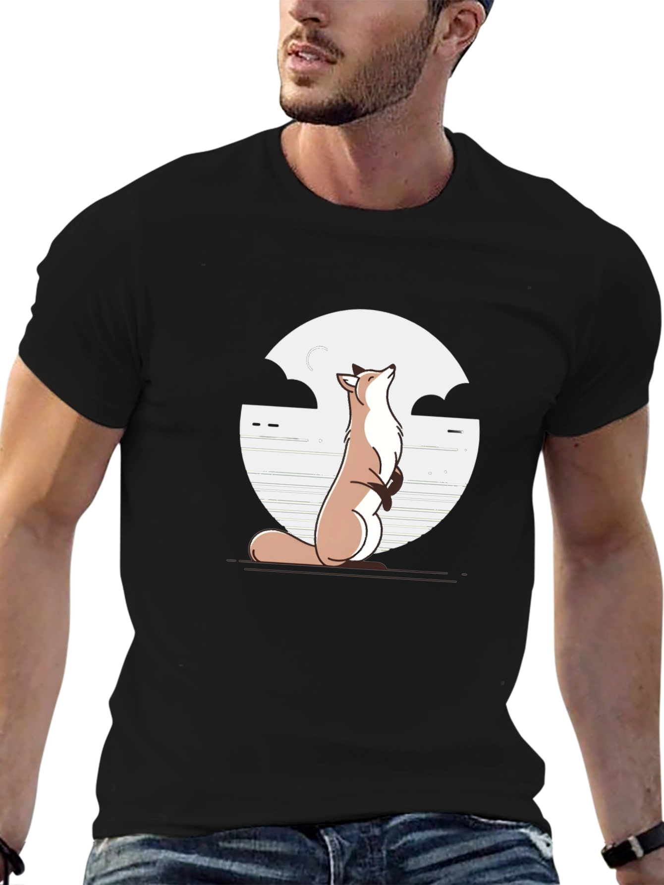 Fox & Moon Graphic Tee - Black Cotton T-Shirt