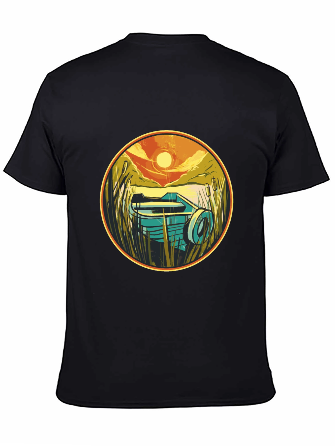 Retro Boat Sunset Graphic Tee - Black
