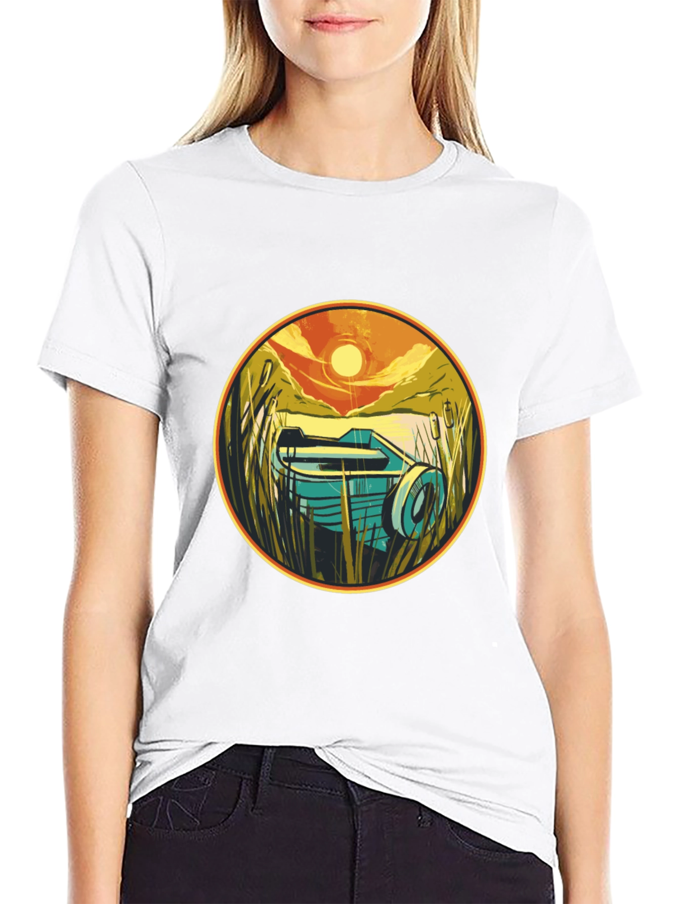 Retro Boat Sunset Graphic Tee - Black