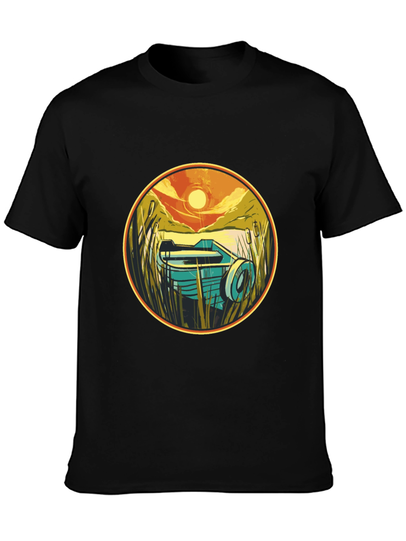 Retro Boat Sunset Graphic Tee - Black